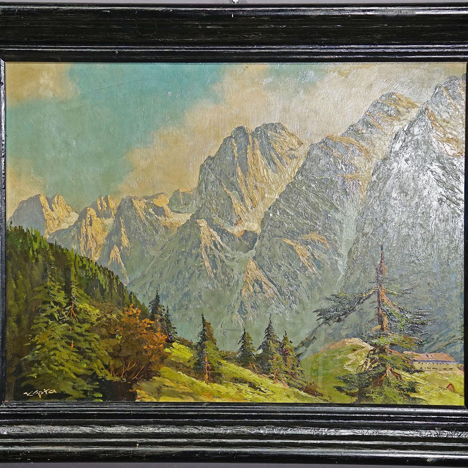 German Painting Summerly High Mountain Landscape, Oil on Board Late 19th Century For Sale