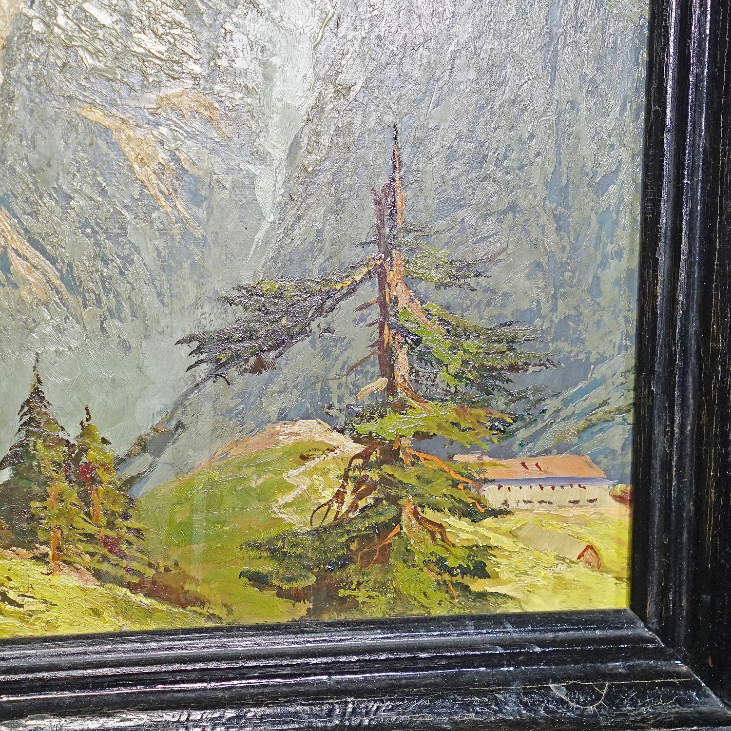 Peinture d'un paysage estimé des hautes montagnes, huile sur panneau, fin du 19ème siècle Bon état - En vente à Berghuelen, DE