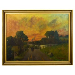 Antique Painting "Sunset in the Countryside", Denmark, Early 20th Century