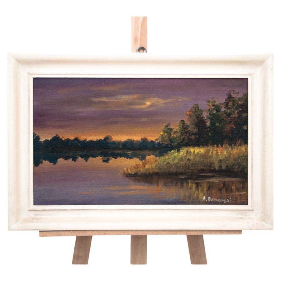 The Sunset over the lake" (Coucher de soleil sur le lac), signé I. A. B.