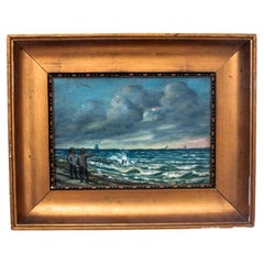 Pintura "Charla de pescadores", óleo sobre lienzo.