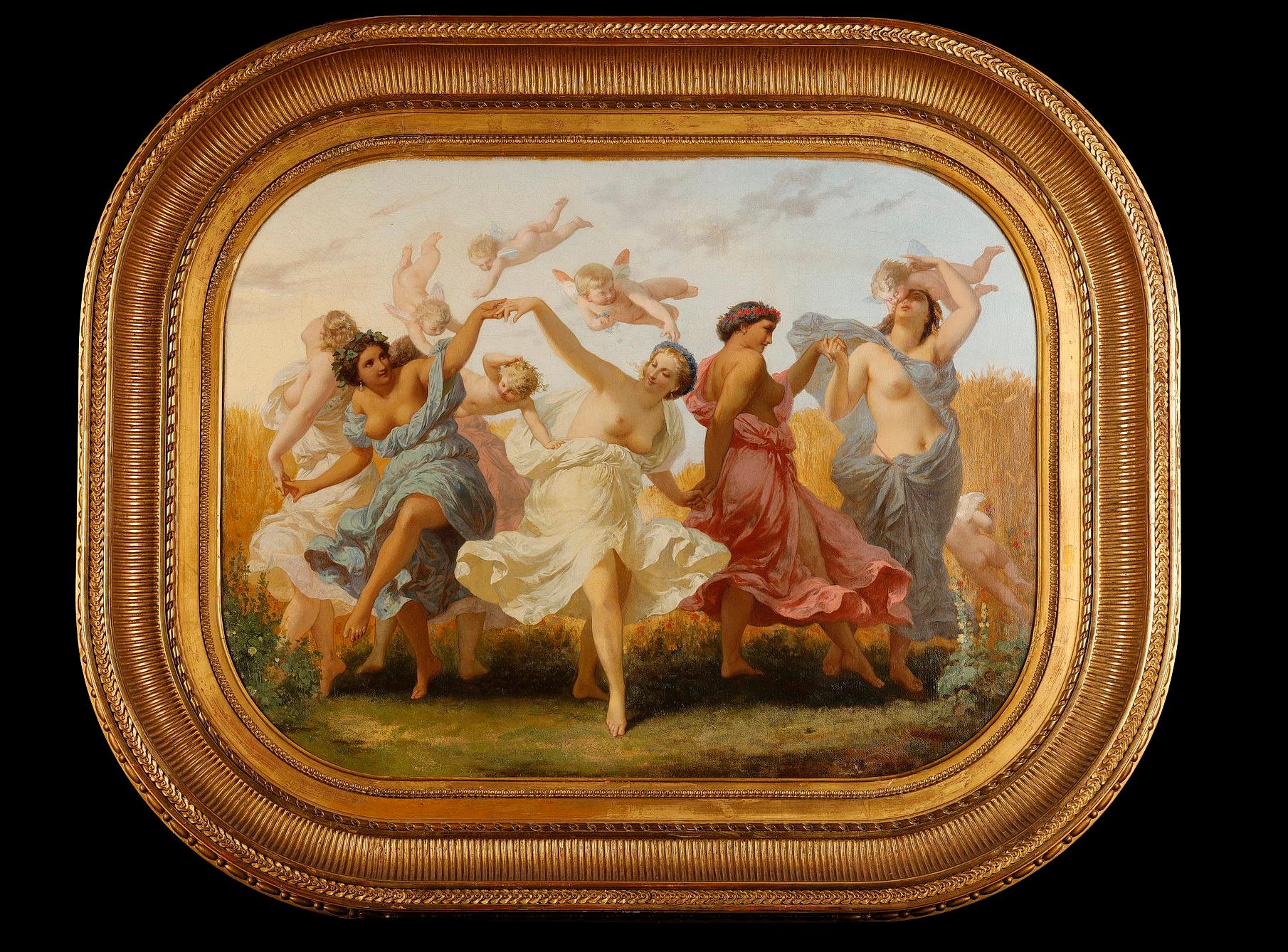 Signed on the bottom right Henry Picou.

Charming mythological scene representing a round of nymphs, symbol of fertility and benevolence, wearing crowns of flowers and dancing in the middle of a wheat field. They are accompanied by playful winged