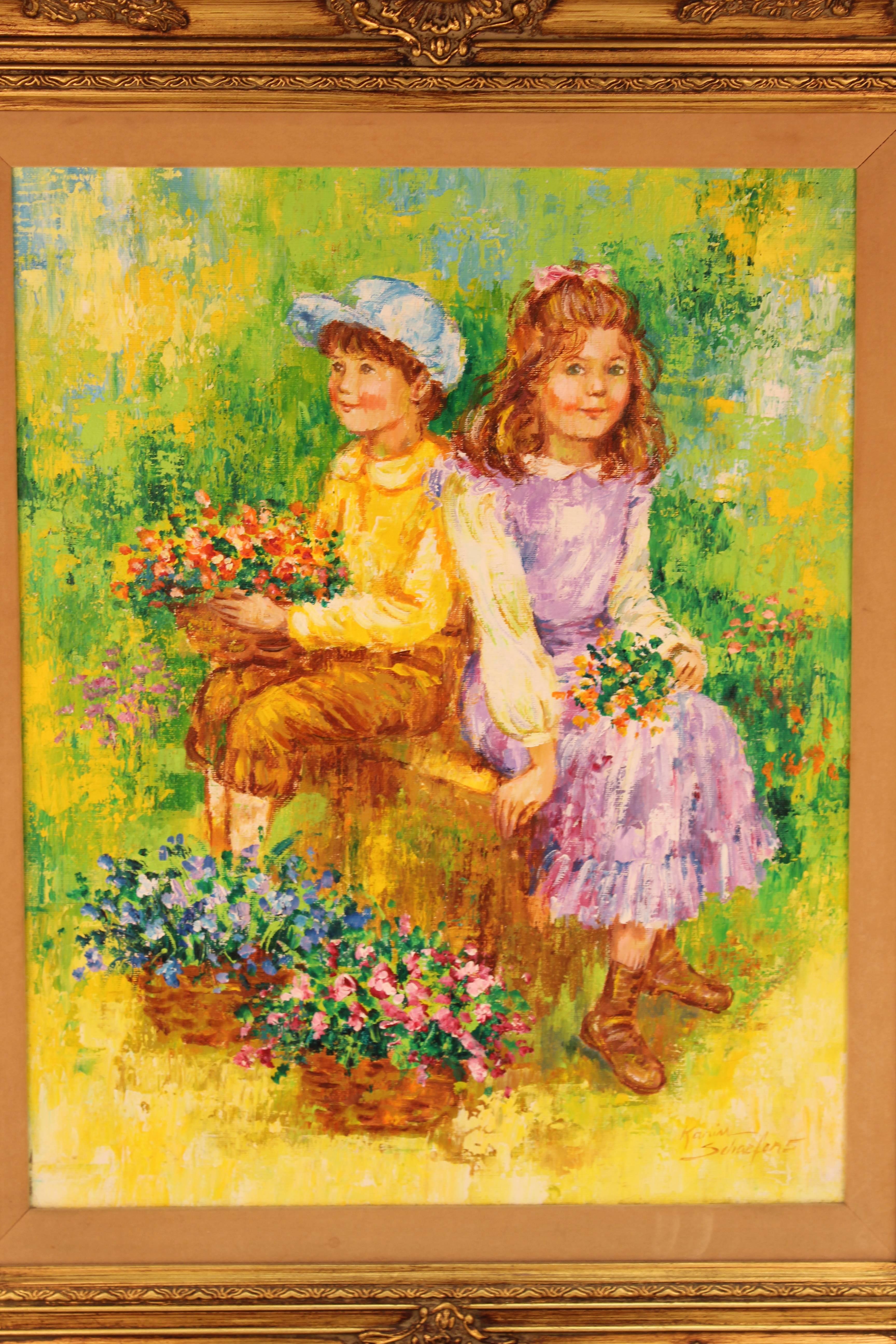 Karin Schaefers oil on canvas of children in a field holding bushels of flowers. Schaefer is a New York City based artist originally from Berlin and a Holocaust survivor. She draws from French and American Impressionists to create romantic works