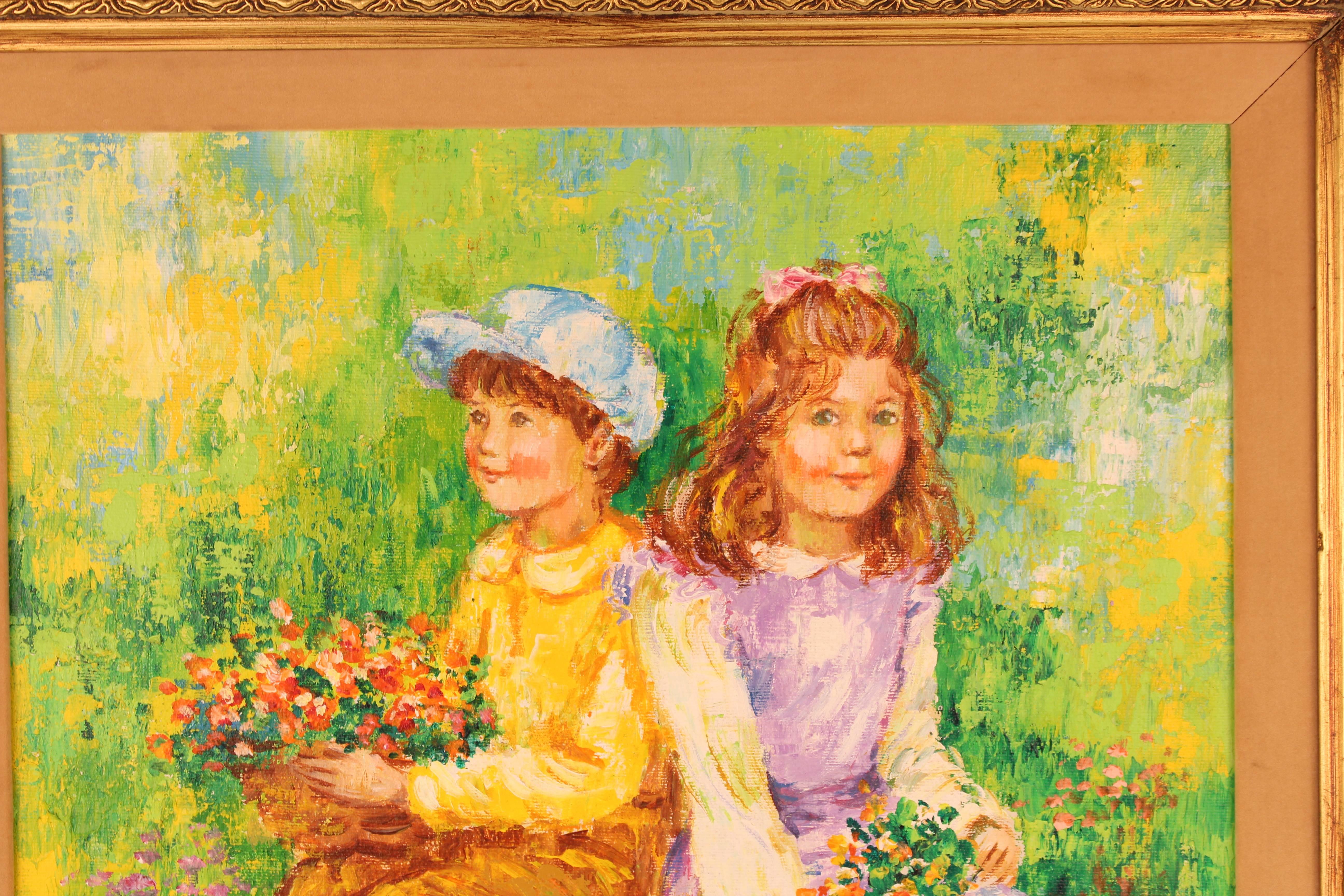 Américain  Peinture intitulée « Children Holding Flowers in a Field » (enfants tenant des fleurs dans un champ) de Karin Schaefers  en vente