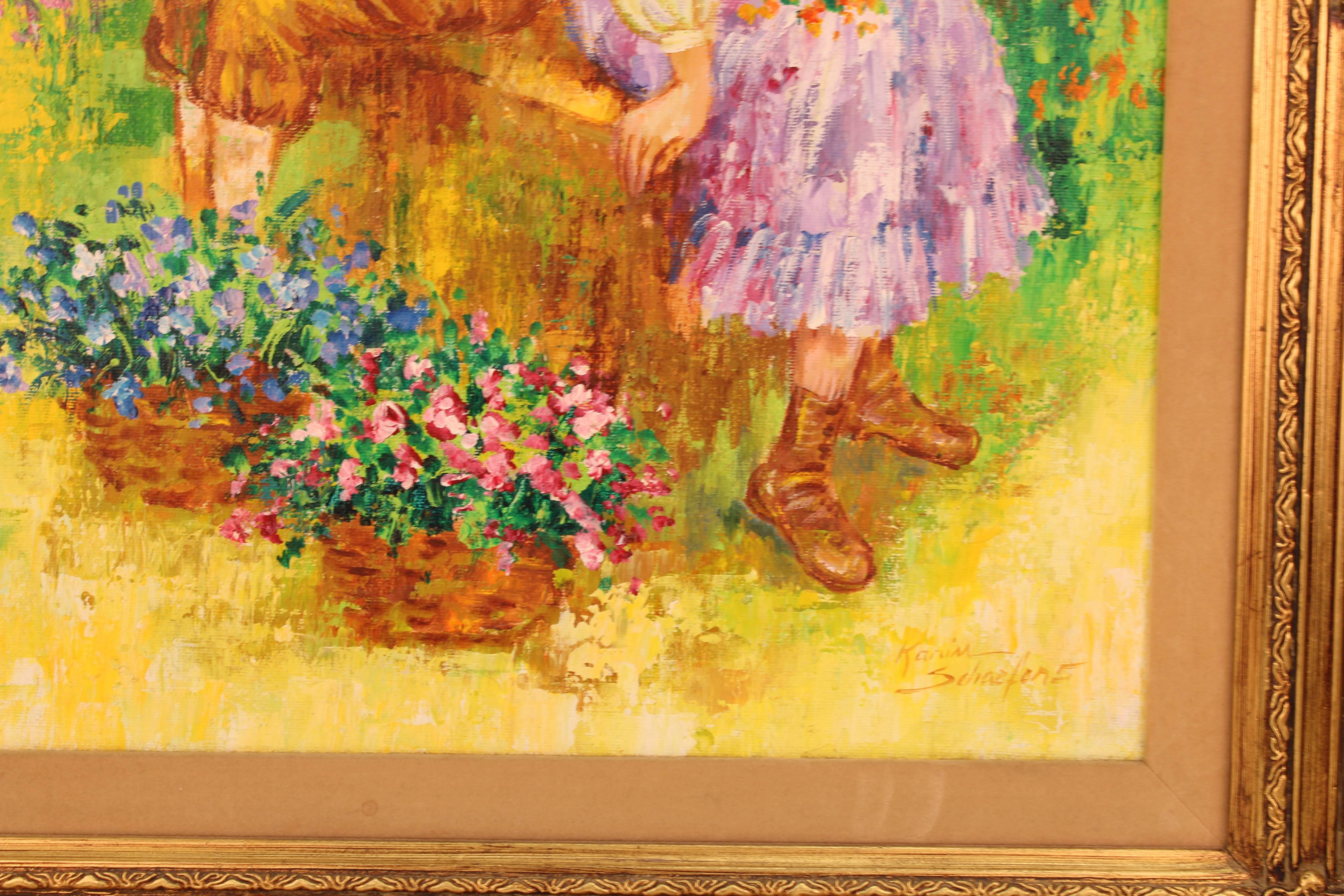  Peinture intitulée « Children Holding Flowers in a Field » (enfants tenant des fleurs dans un champ) de Karin Schaefers  Excellent état - En vente à New York, NY