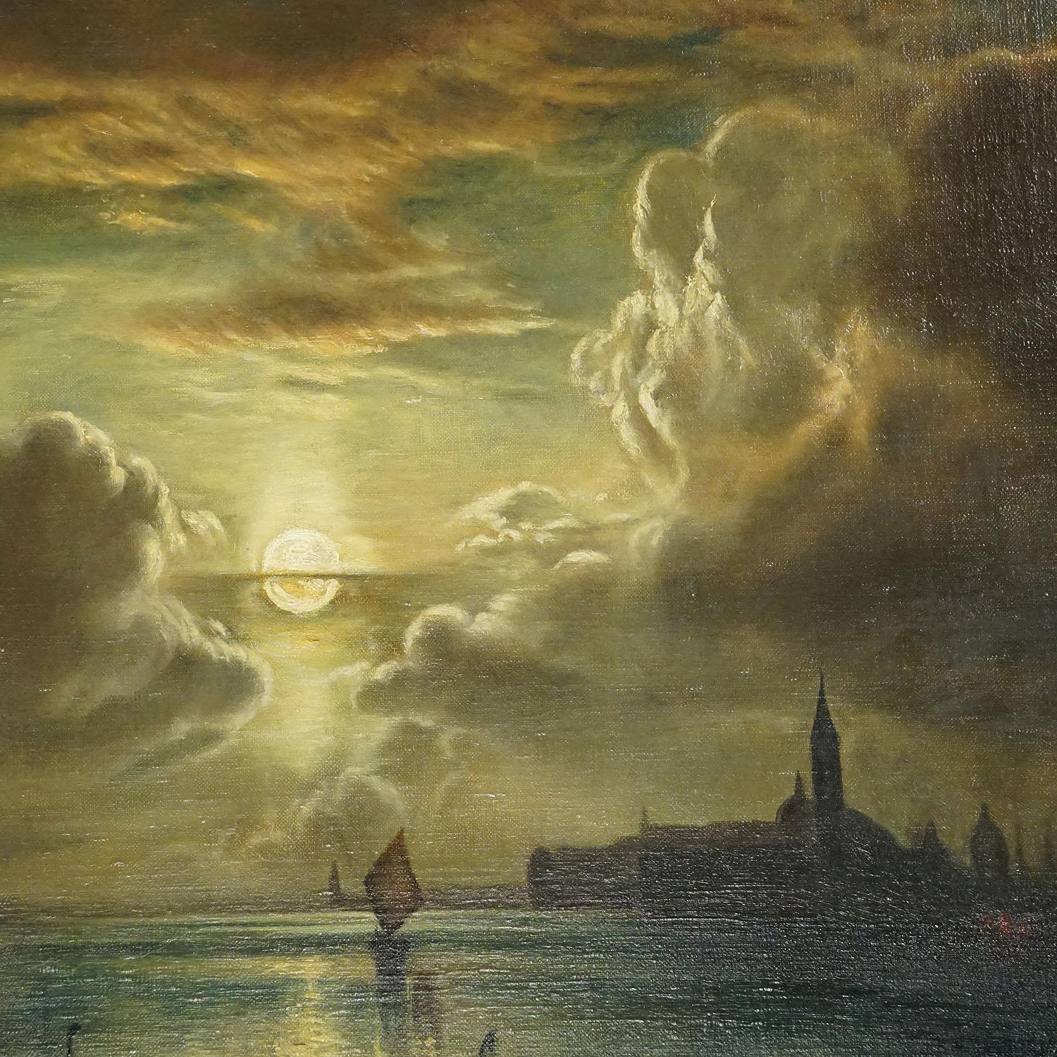 German Painting “Venice by Moonlight” by K. Nufer, Munich Late 19th Century For Sale