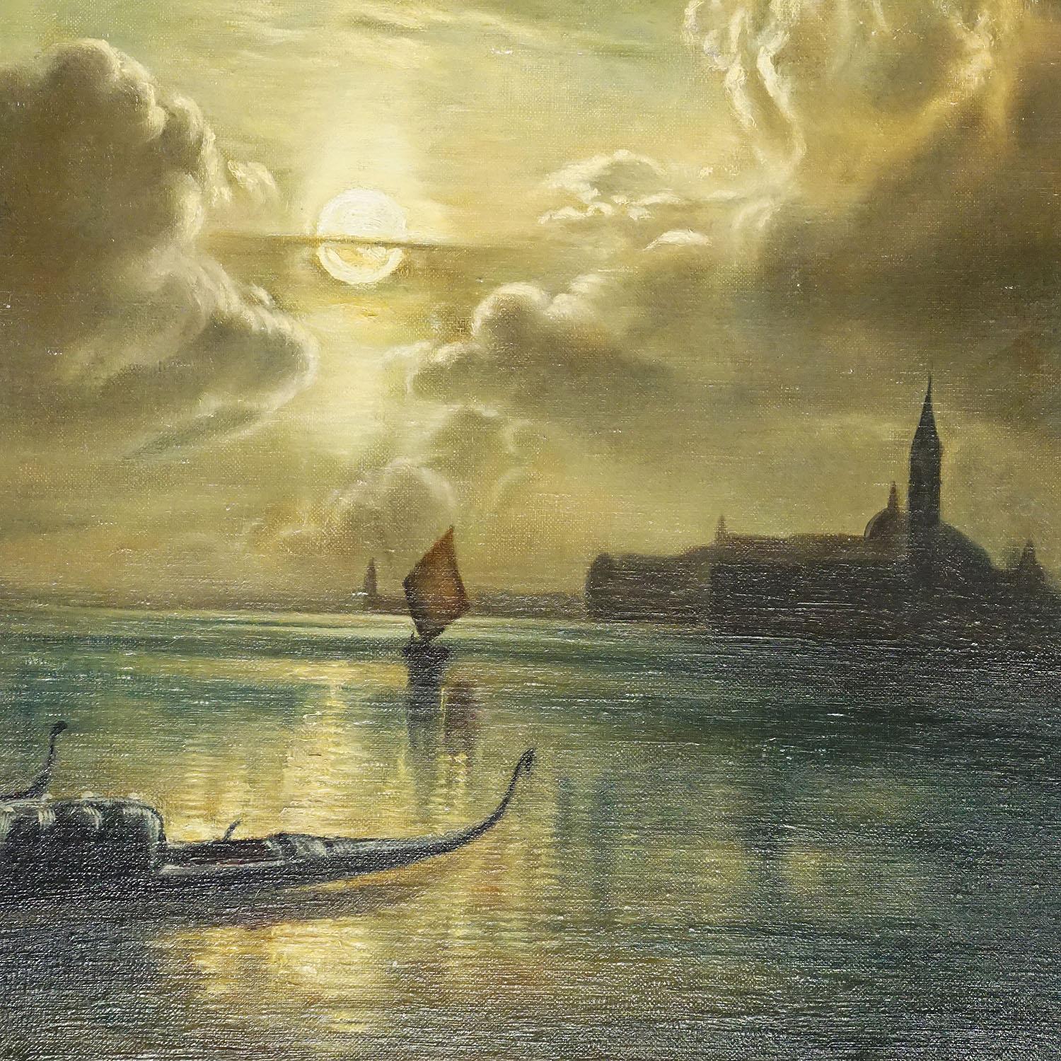 Painted Painting “Venice by Moonlight” by K. Nufer, Munich Late 19th Century For Sale