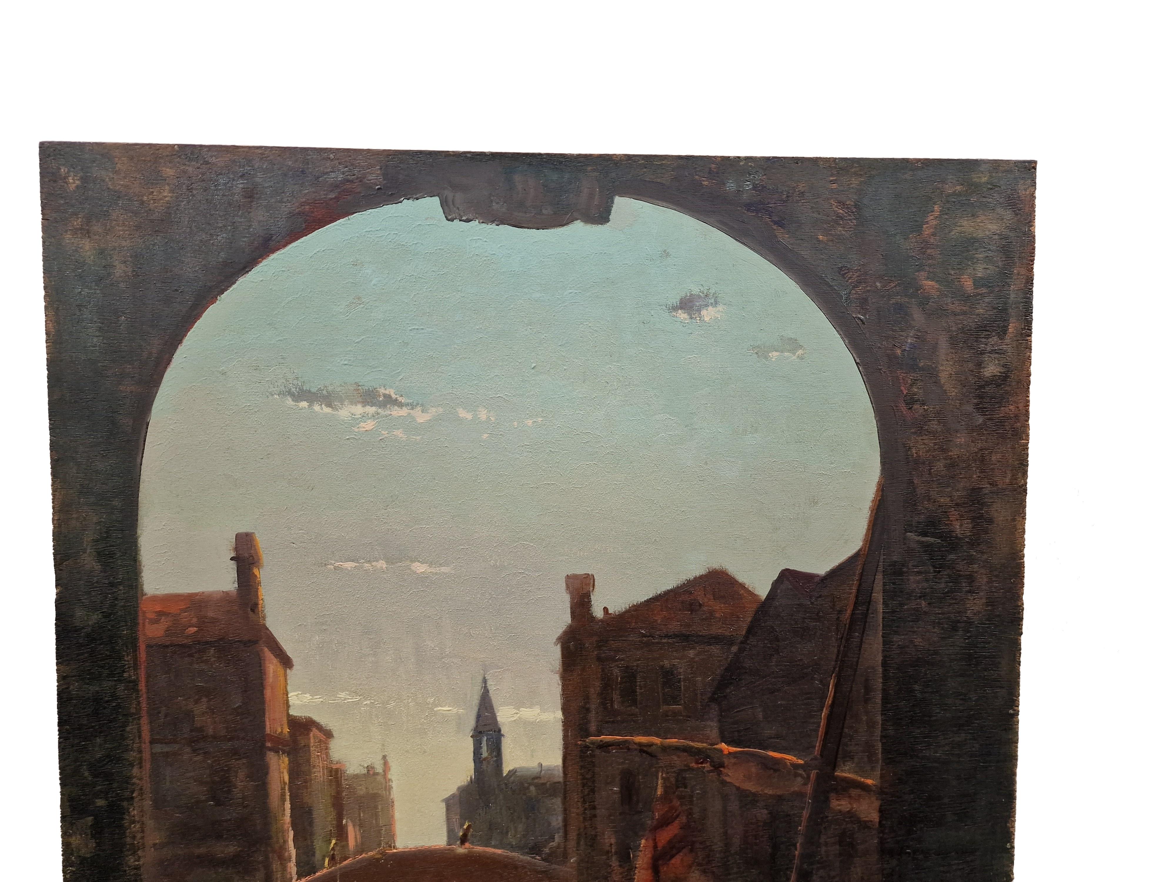 Large-format painting depicting a canal in Venice, signed A.M. Rossi, possibly attributable to Alberto Maria Rossi, an Italian artist who lived from 1879 to 1965.

The vertical format shows a beautiful perspective through an archway overlooking the