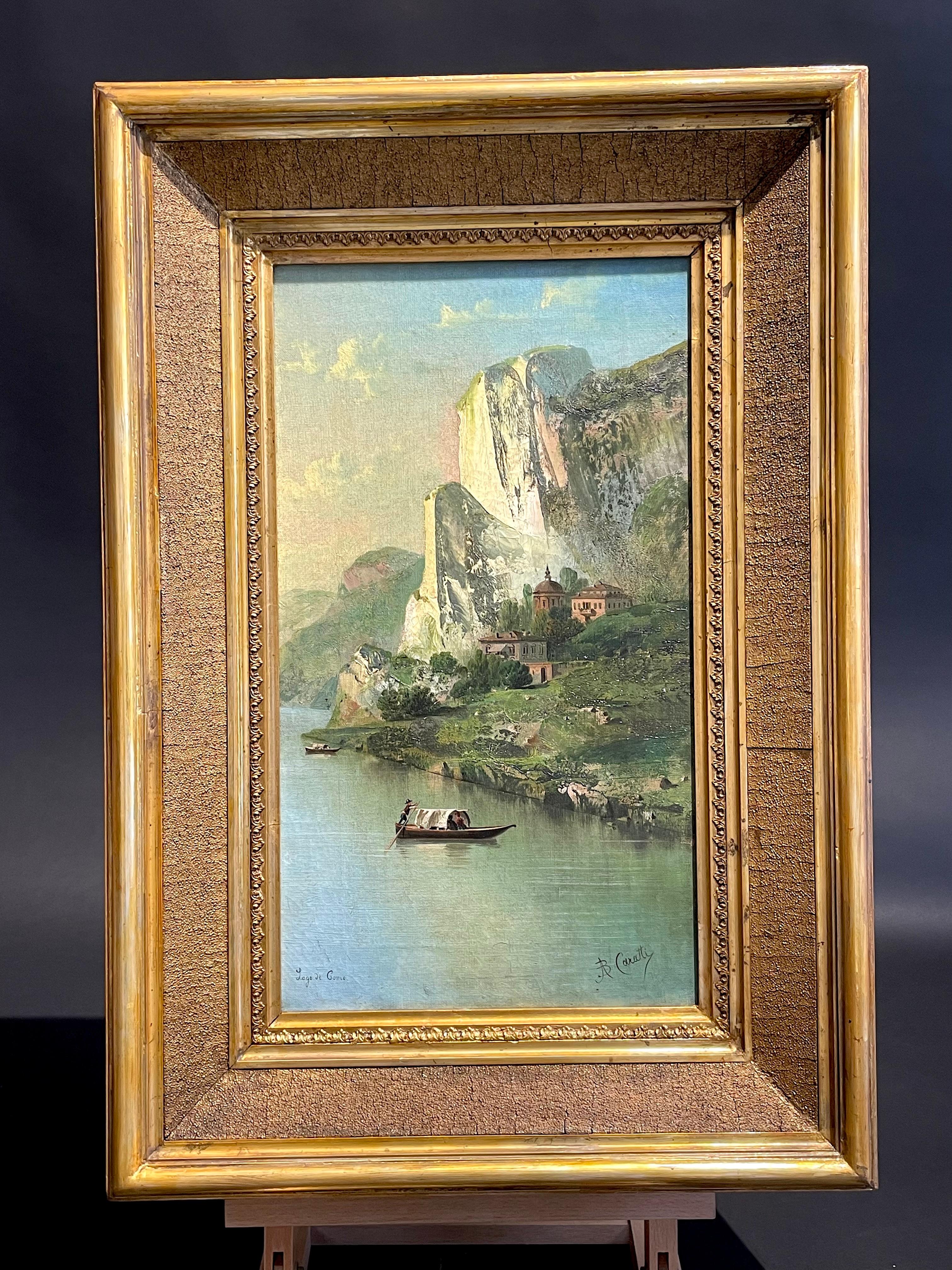 Painting made in oil on canvas by Padua artist Augusto Caratti (Padua 1828 -1900) around 1880.

The subject of the painting is an evocative view of Lake Como in which the hilly-mountainous landscape dominates the scene, there are then several