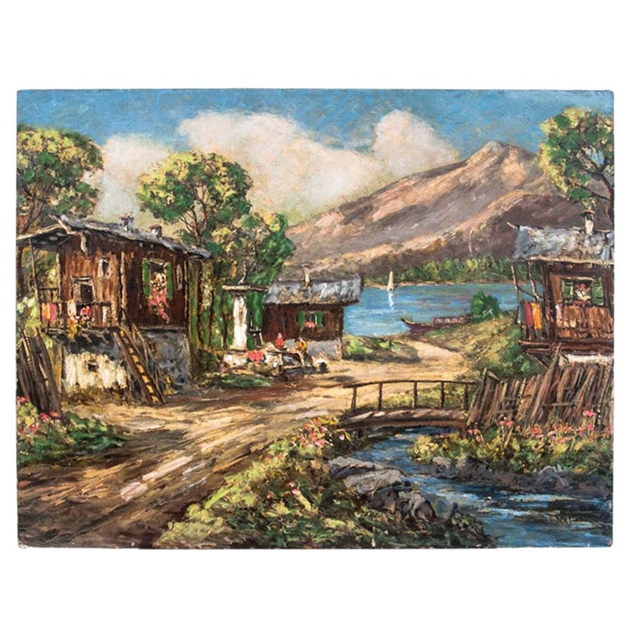 Painting "Village on the shores of the lake" For Sale