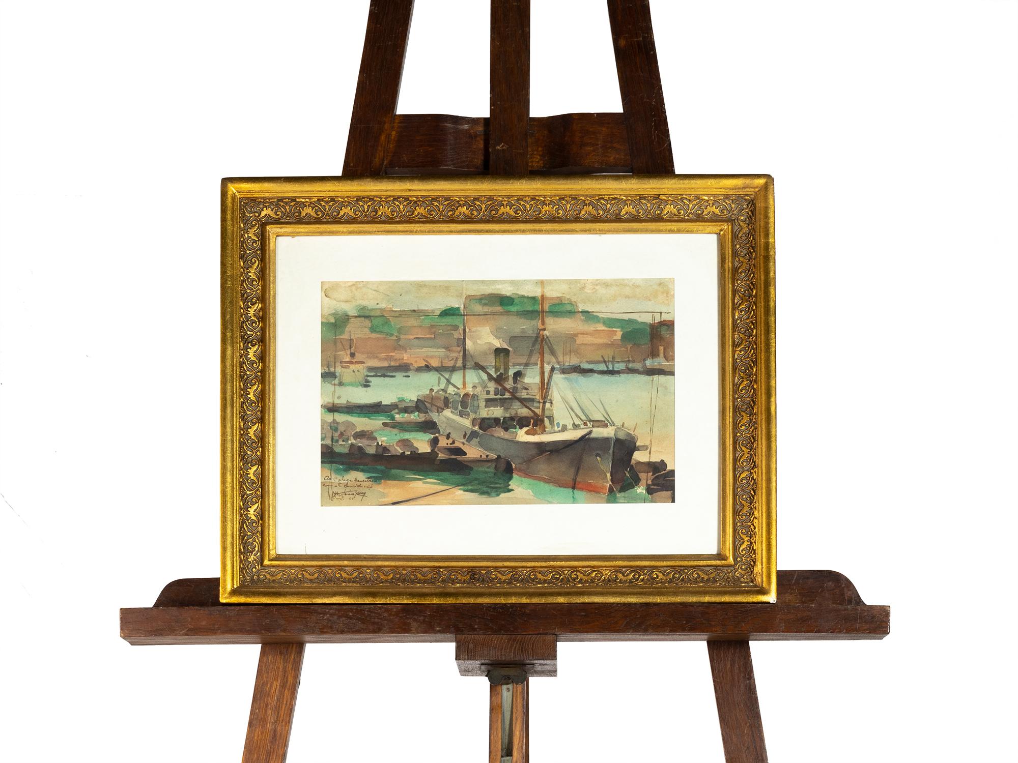 Un acquerello di barche nel porto di António Amadeu Conceição Cruz (1907-1983) con dedica al grande pittore Herculano Monteiro e firmato 