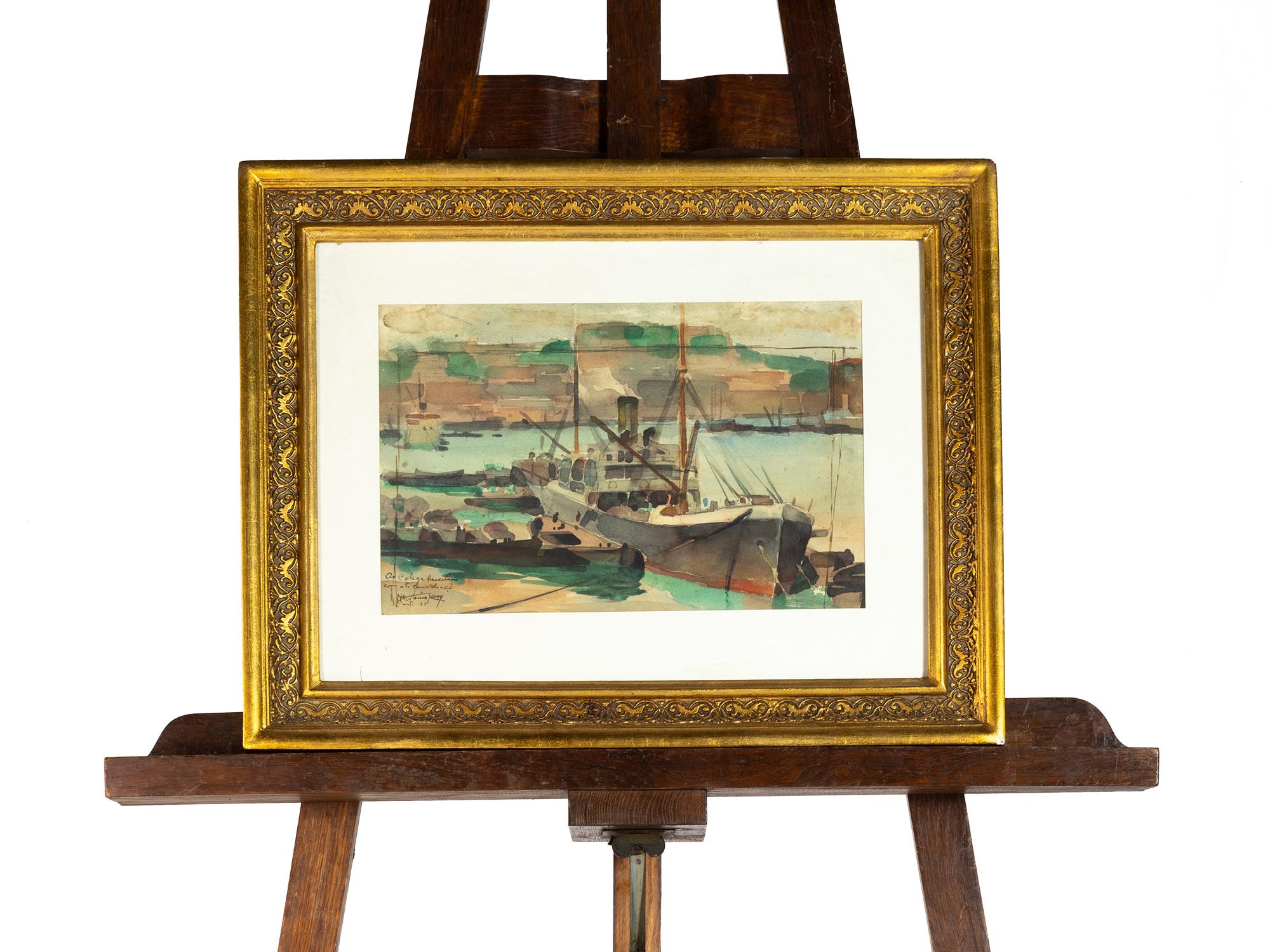 Portoghese Pittura Acquerello Barca sul porto, Antonio Cruz, (1946) in vendita