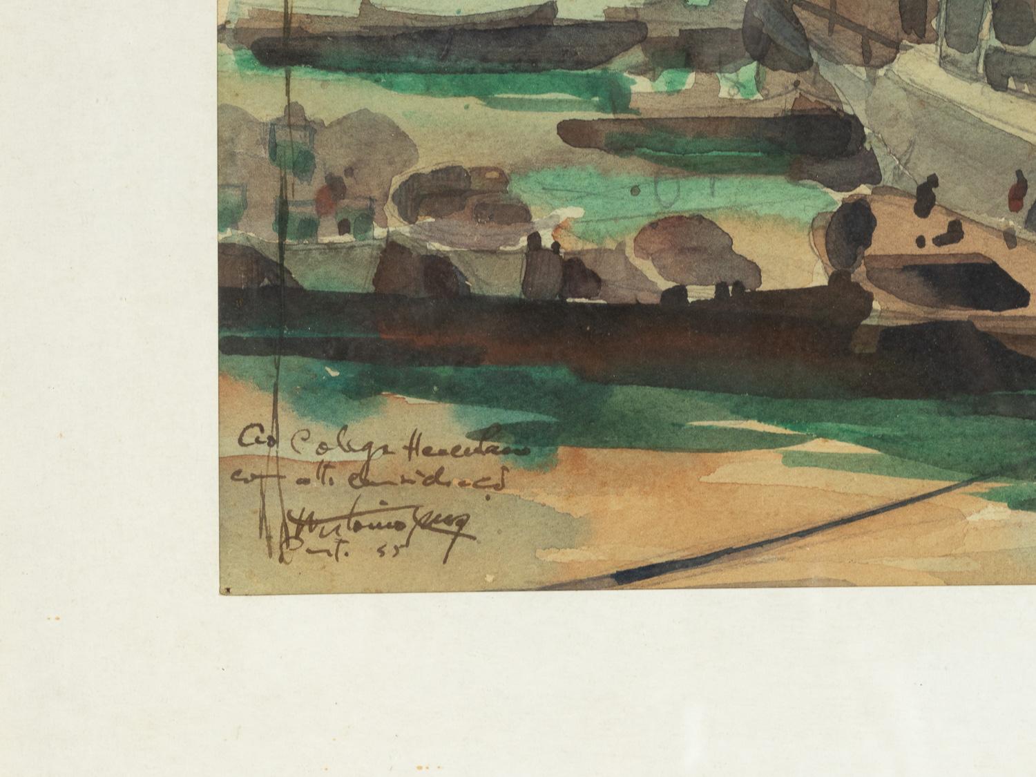 A olio Pittura Acquerello Barca sul porto, Antonio Cruz, (1946) in vendita