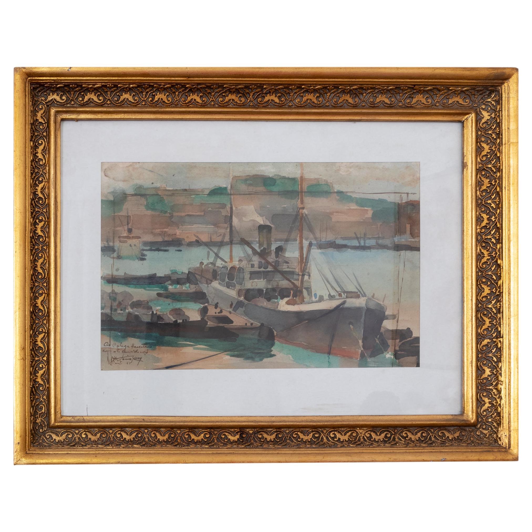 Pittura Acquerello Barca sul porto, Antonio Cruz, (1946)