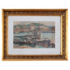 Painting Watercolor Boat on Harbor, Antonio Cruz, (1946)