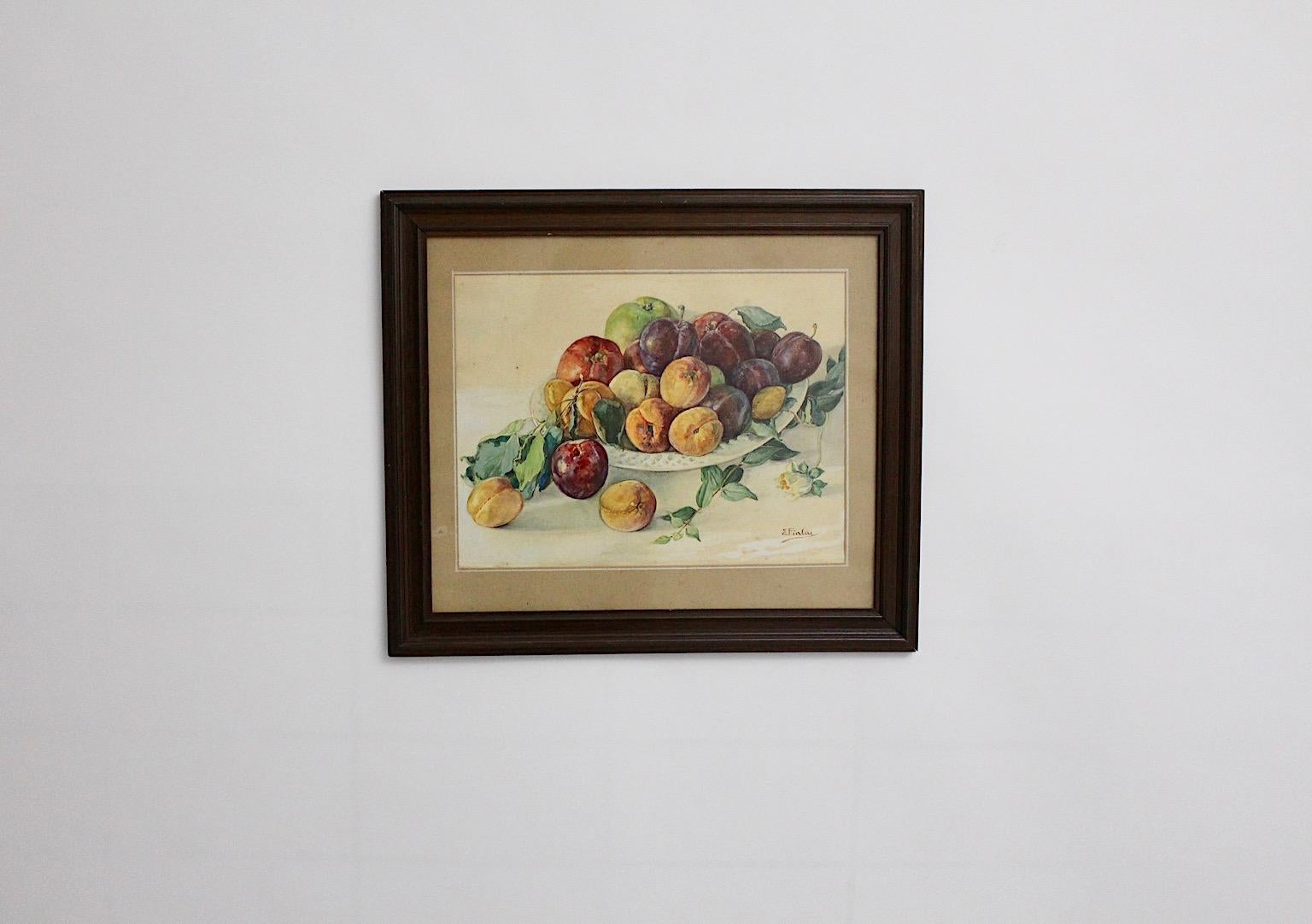 Art déco Peinture à l'aquarelle - Fruits dans un bol par Emil Fiala, Autriche, années 1930 en vente