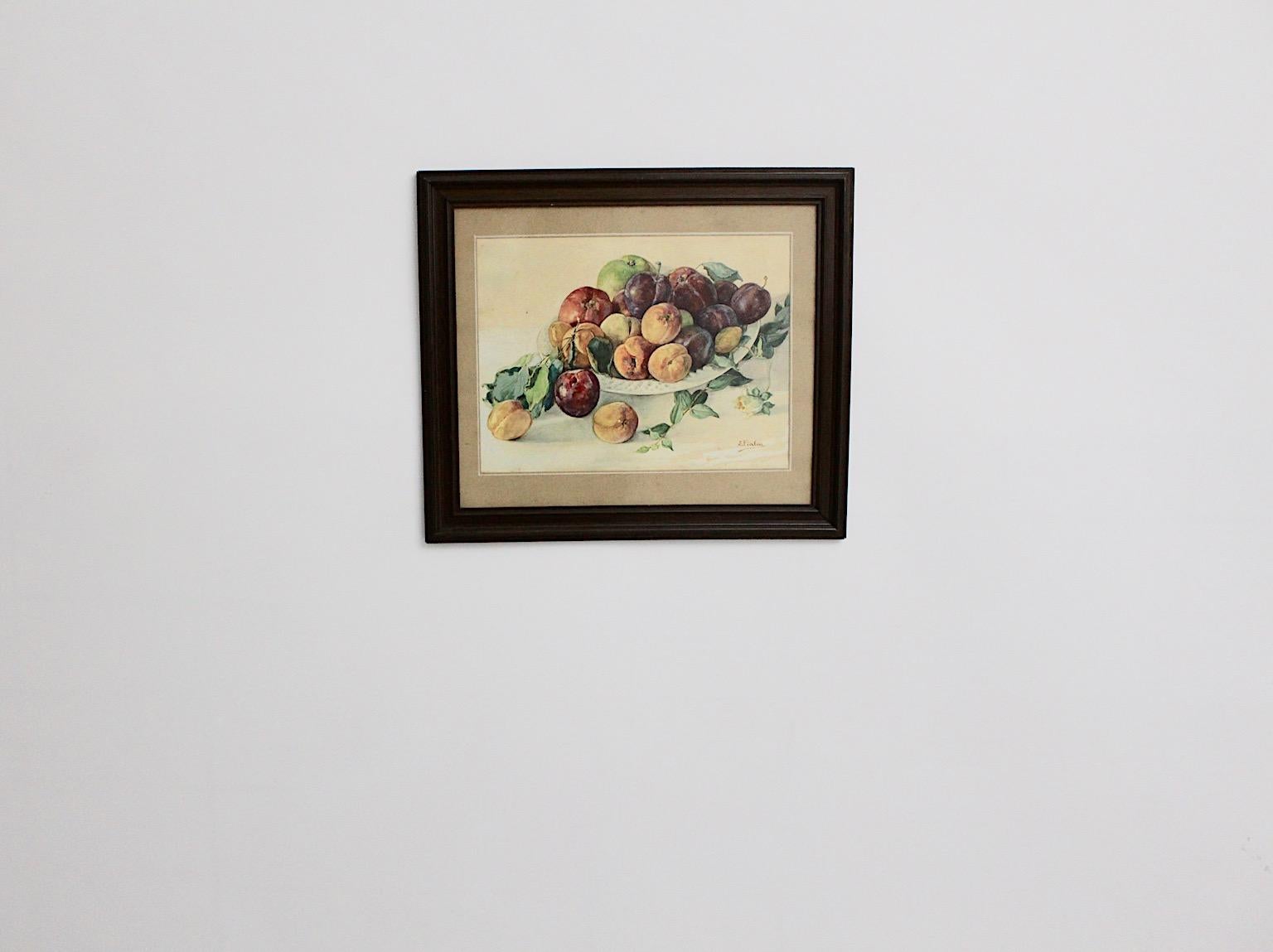 Art Deco Painting Watercolor Fruits in a Bowl by Emil Fiala, Austria, 1930s For Sale