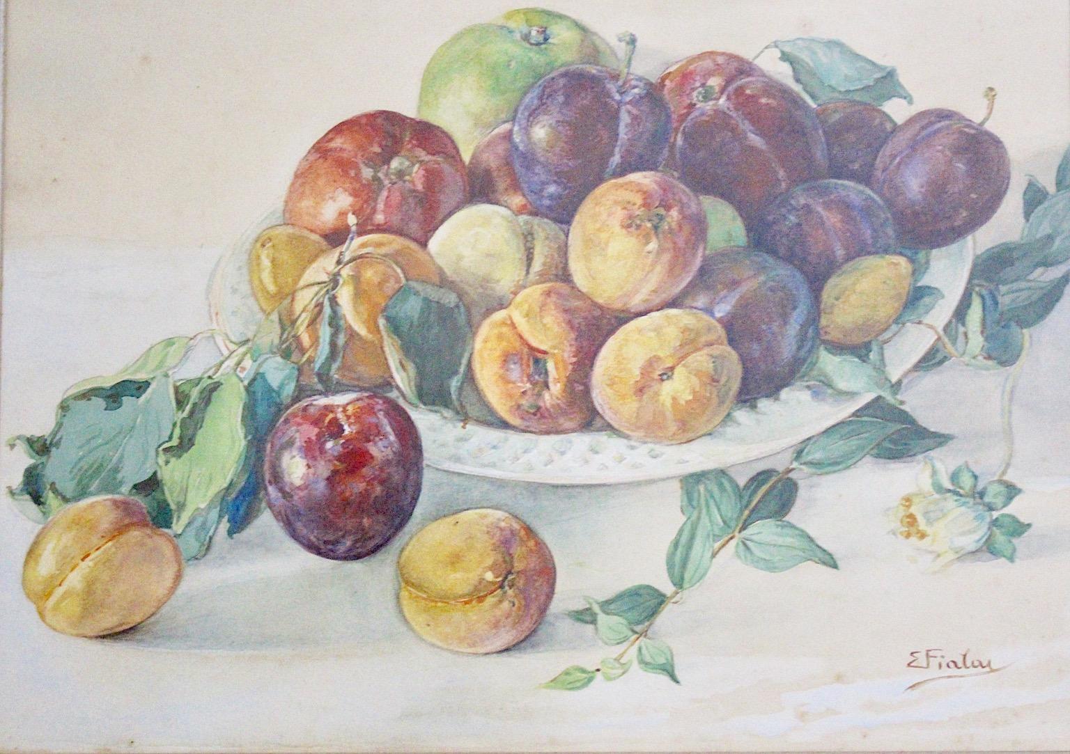 Austrian Painting Watercolor Fruits in a Bowl by Emil Fiala, Austria, 1930s For Sale