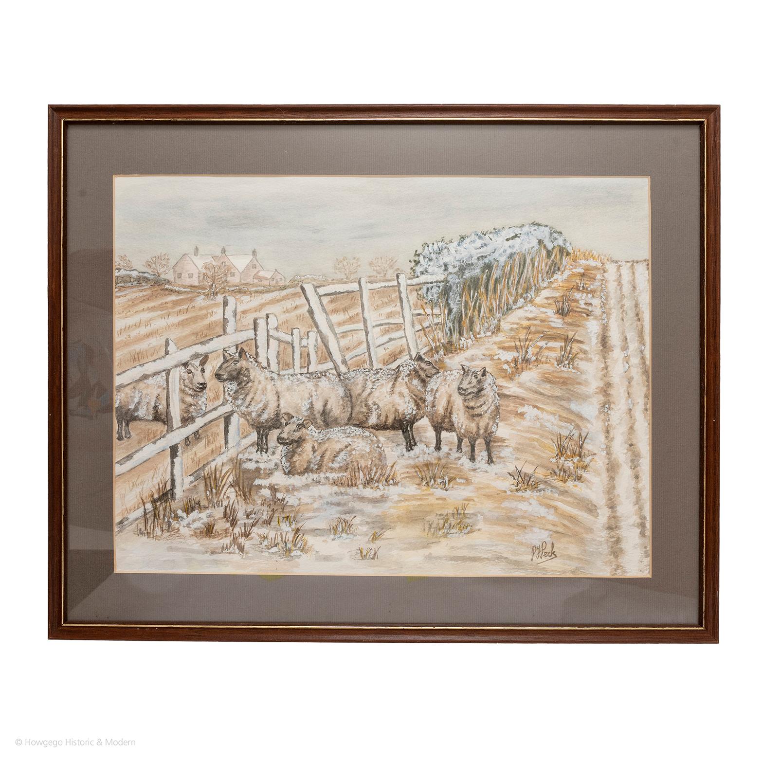 P J Peck: Winters Day
Five sheep in a snowy rural landscape
Watercolour and gouache on paper

Visible sheet length 38cm, 15