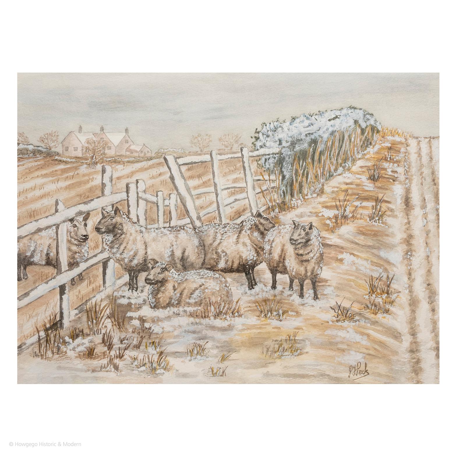 Mid-Century Modern Painting Watercolour Landscape Winter Sheep Fields Paper Brown White Grey Green For Sale