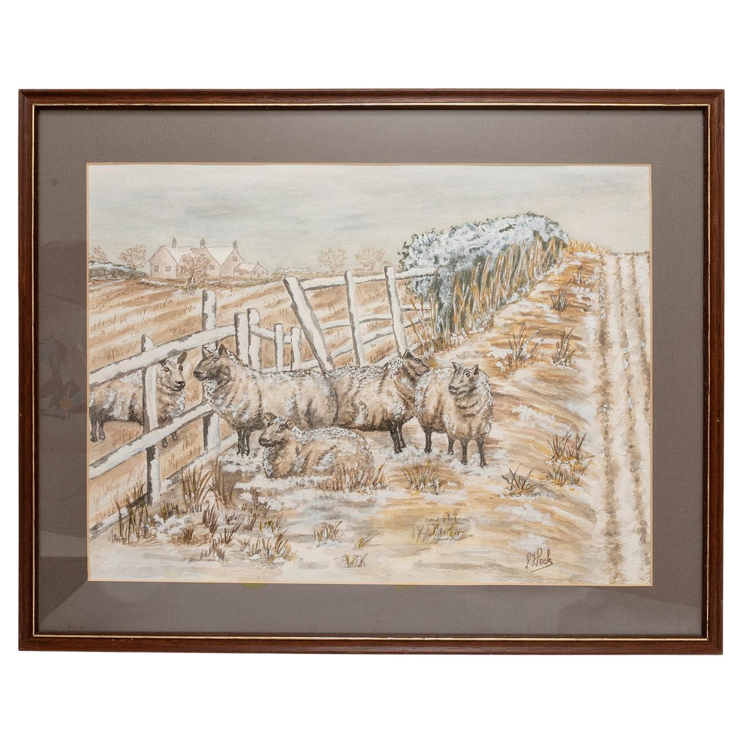 Painting Watercolour Landscape Winter Sheep Fields Paper Brown White Grey Green For Sale
