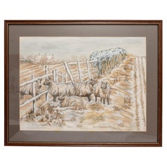 Vintage Painting Watercolour Landscape Winter Sheep Fields Paper Brown White Grey Green