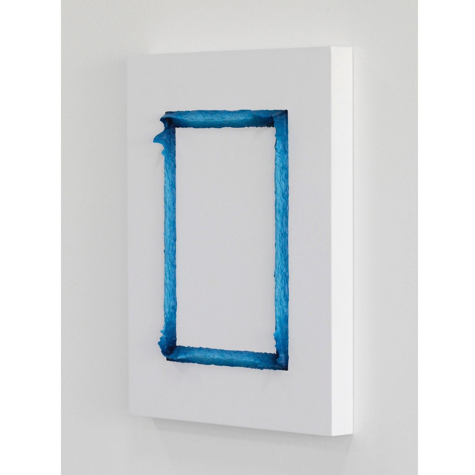 Property 989/949 (White and Prussian Blue Rectangle), process painting.
Hand painted 3D relief in acrylic paint on encaustic board. Painting with a rectangular motif with a subtle exchange of colour departing from a deep Prussian Blue to a lighter