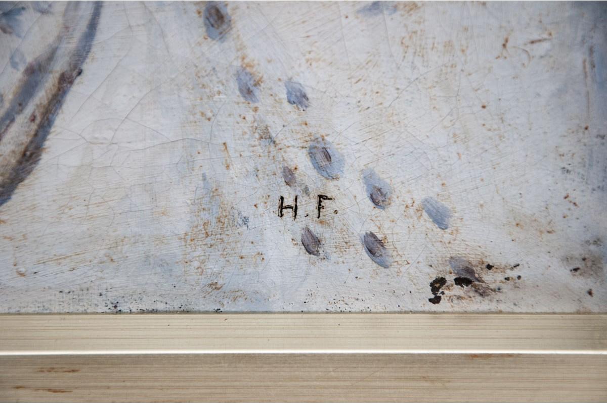Chalet d'hiver signé H.F. 
Auteur inconnu 

dimensions :

Cadre : hauteur : 50,5 cm : 69 cm de large : profondeur. 3 cm
Image :   hauteur 46 cm : 64,5 cm de large