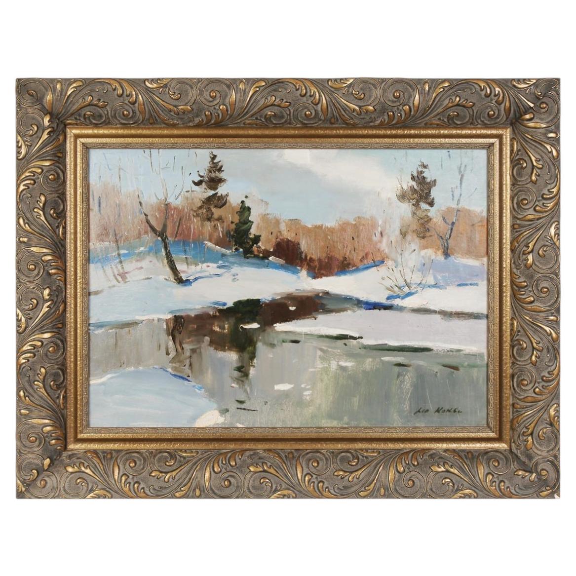 Gemälde „Winterlandschaft“, Lettland (UdSSR), von Kokle Leo, Mitte des 20. Jahrhunderts