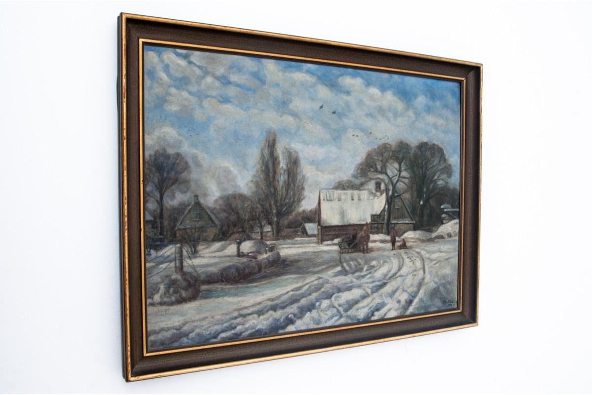 Peinture - Paysage d'hiver, Scandinavie, années 1940. Bon état - En vente à Chorzów, PL