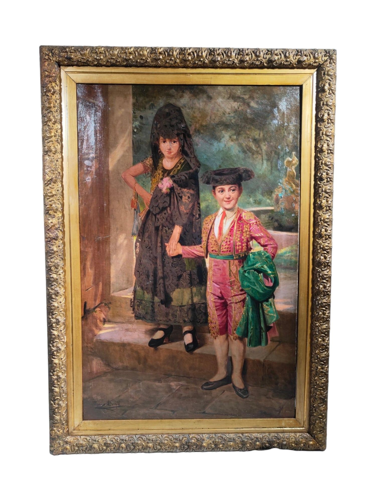 Discover the fascination of bullfighting through this captivating painting featuring a child dressed as a torero, an artistic gem from the late 19th century. This artwork, hailing from the esteemed Spanish School of the 19th century, is a curious