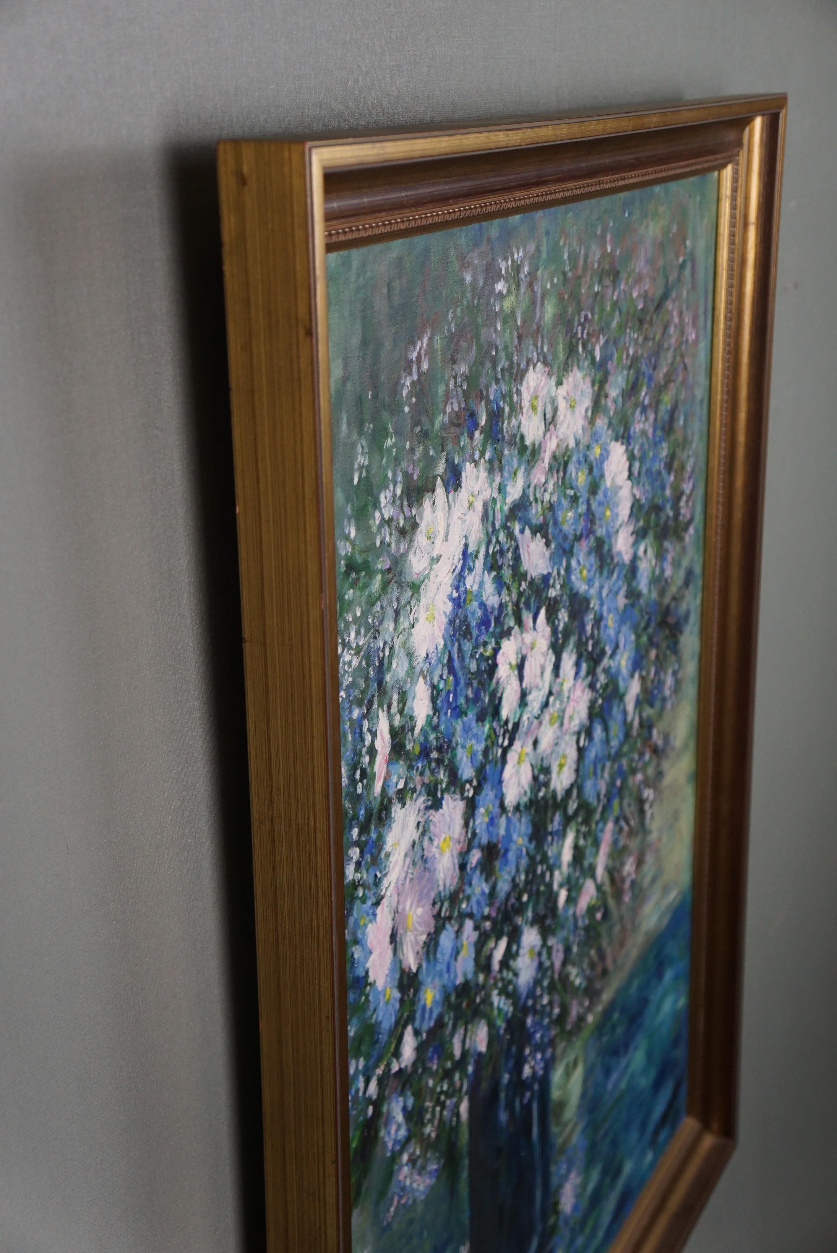 Painting with a still life of a vase with blue and white flowers. For Sale 1