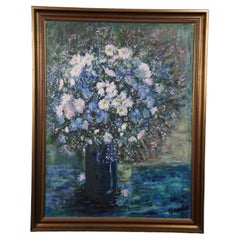 Painting with a still life of a vase with blue and white flowers. 