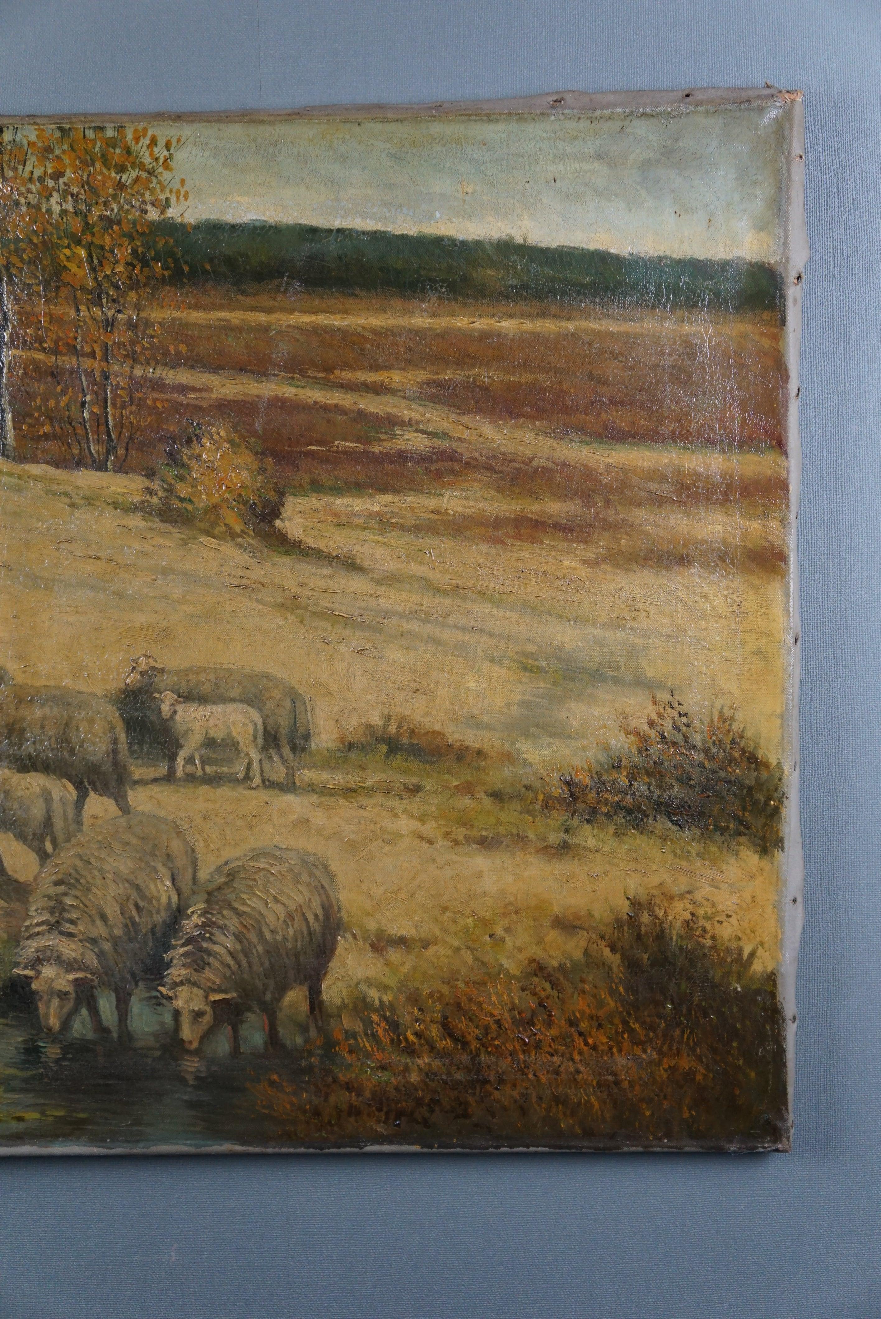 Painting with an old Dutch heath landscape In Fair Condition For Sale In Harderwijk, NL