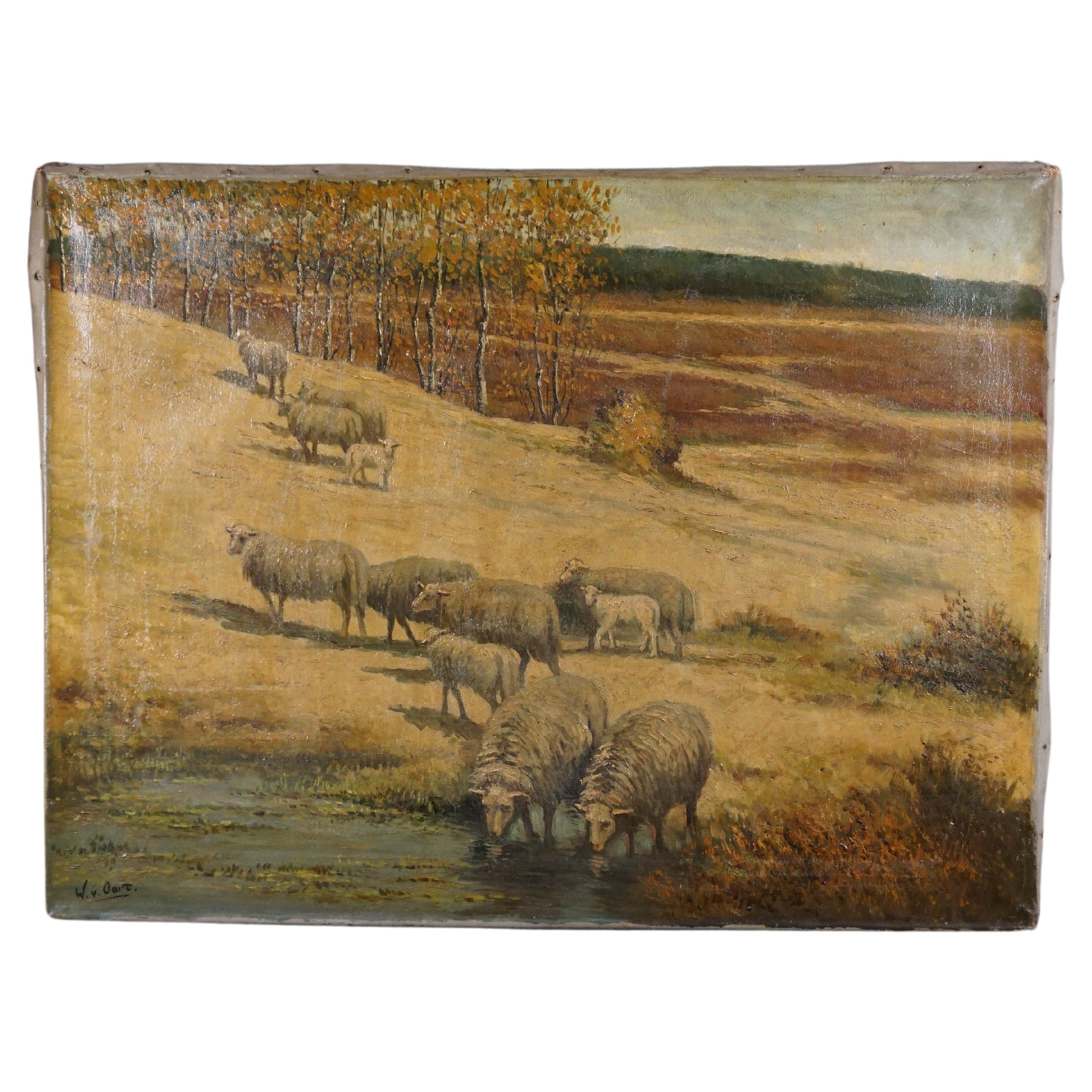 Peinture avec un vieux paysage de bruyère hollandais
