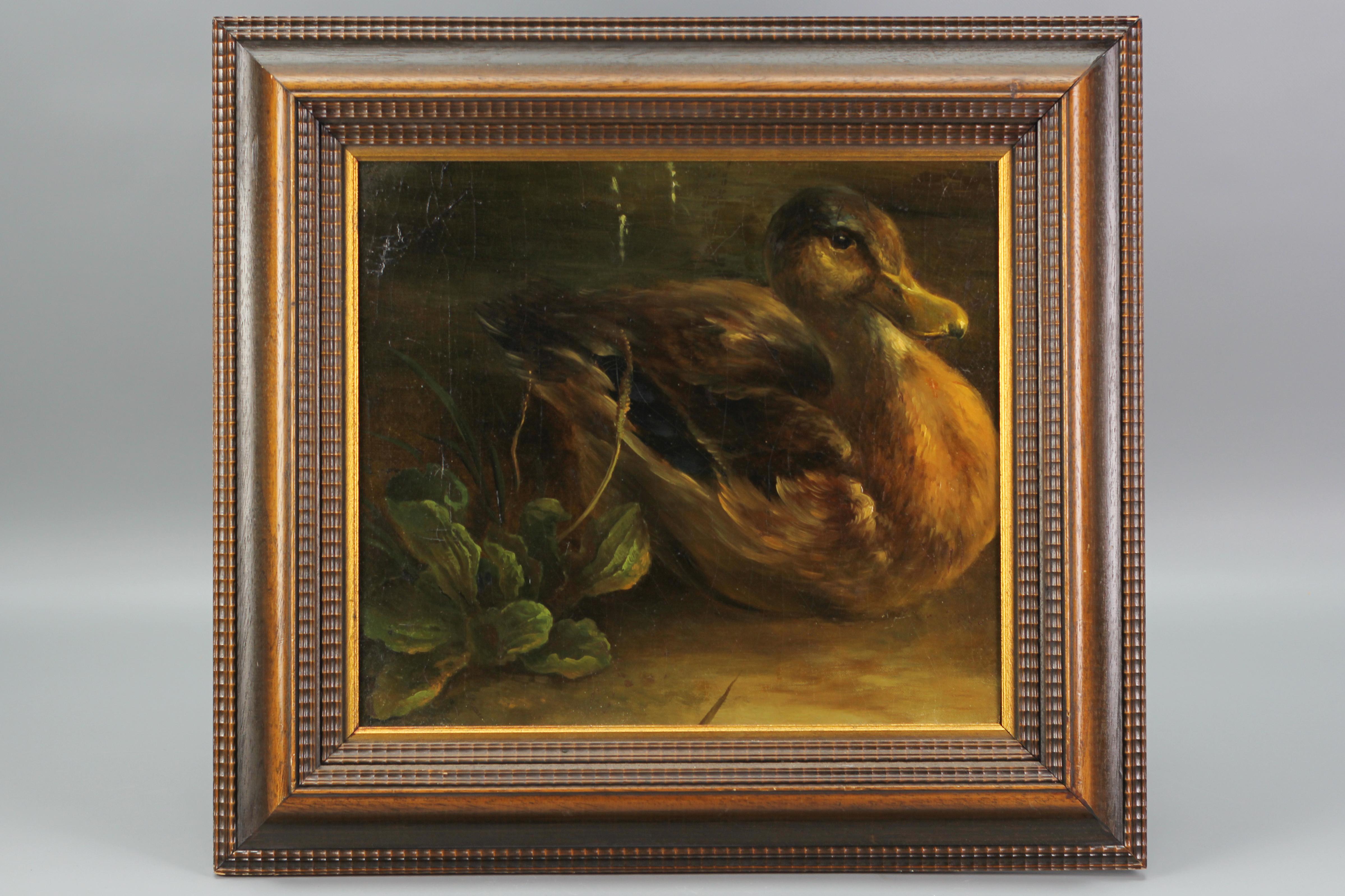 Peinture représentant un canard et des plantes, huile sur contreplaqué en vente 5