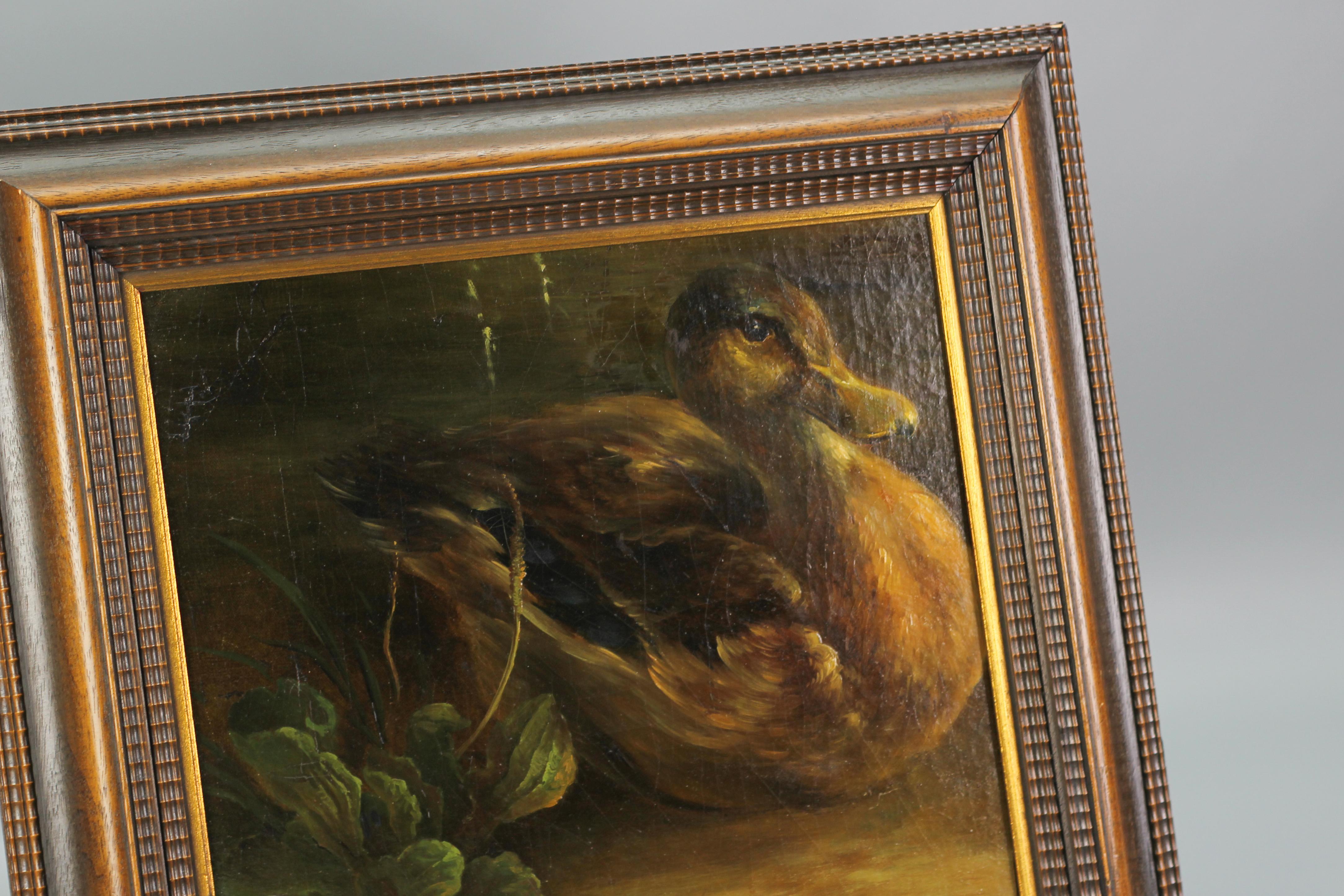 Peinture représentant un canard et des plantes, huile sur contreplaqué en vente 6