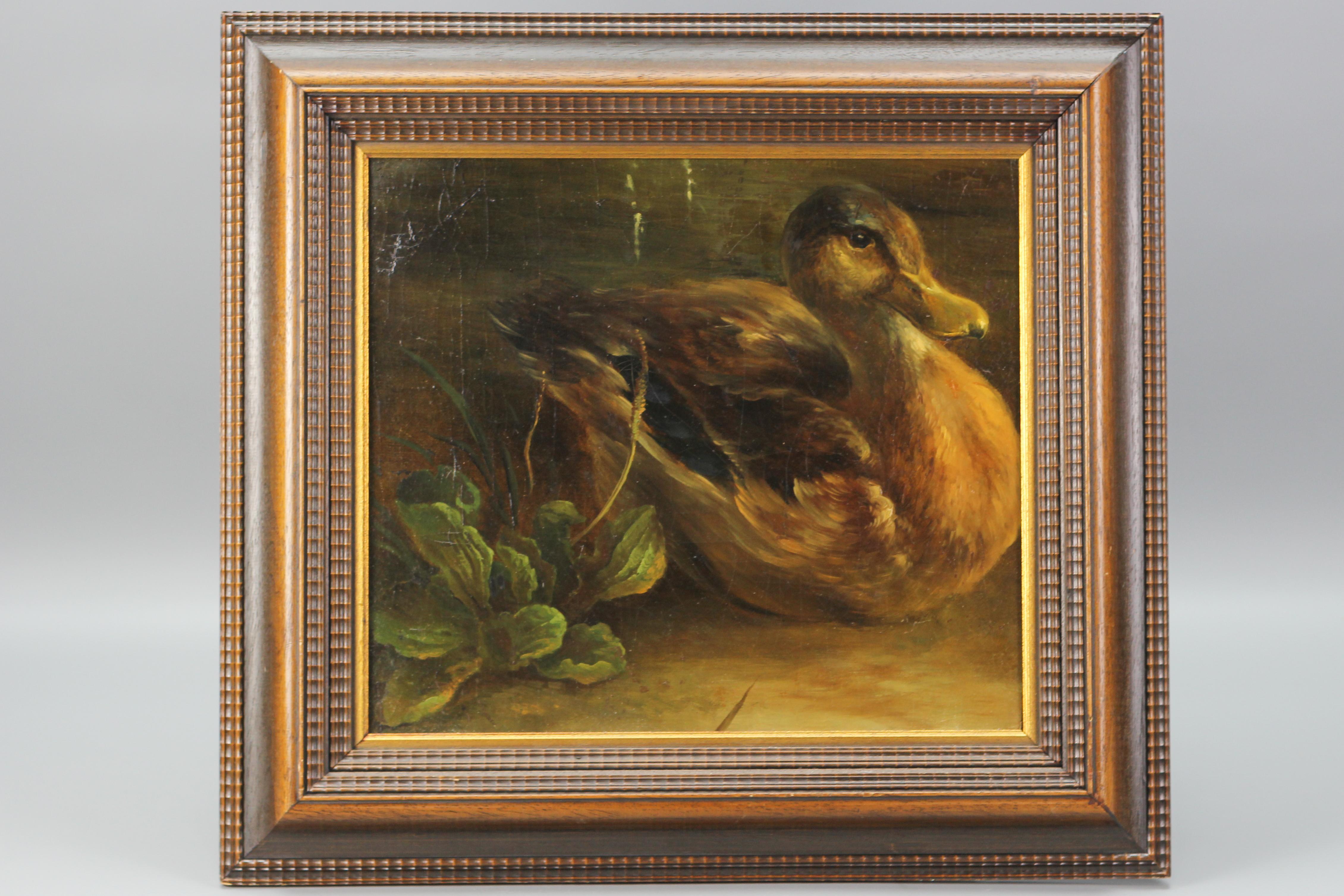 Peinture représentant un canard et des plantes, huile sur contreplaqué en vente 9