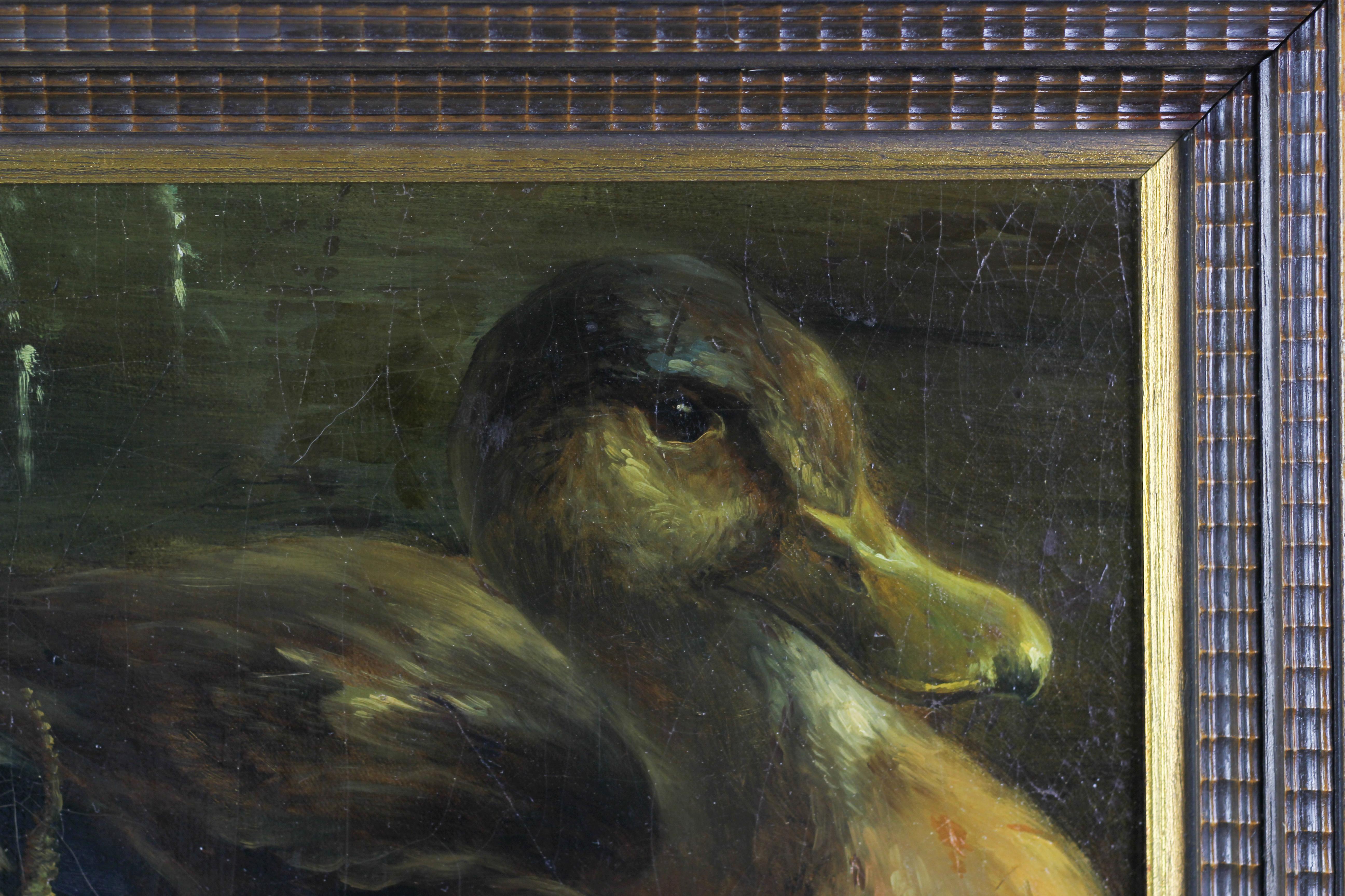Européen Peinture représentant un canard et des plantes, huile sur contreplaqué en vente