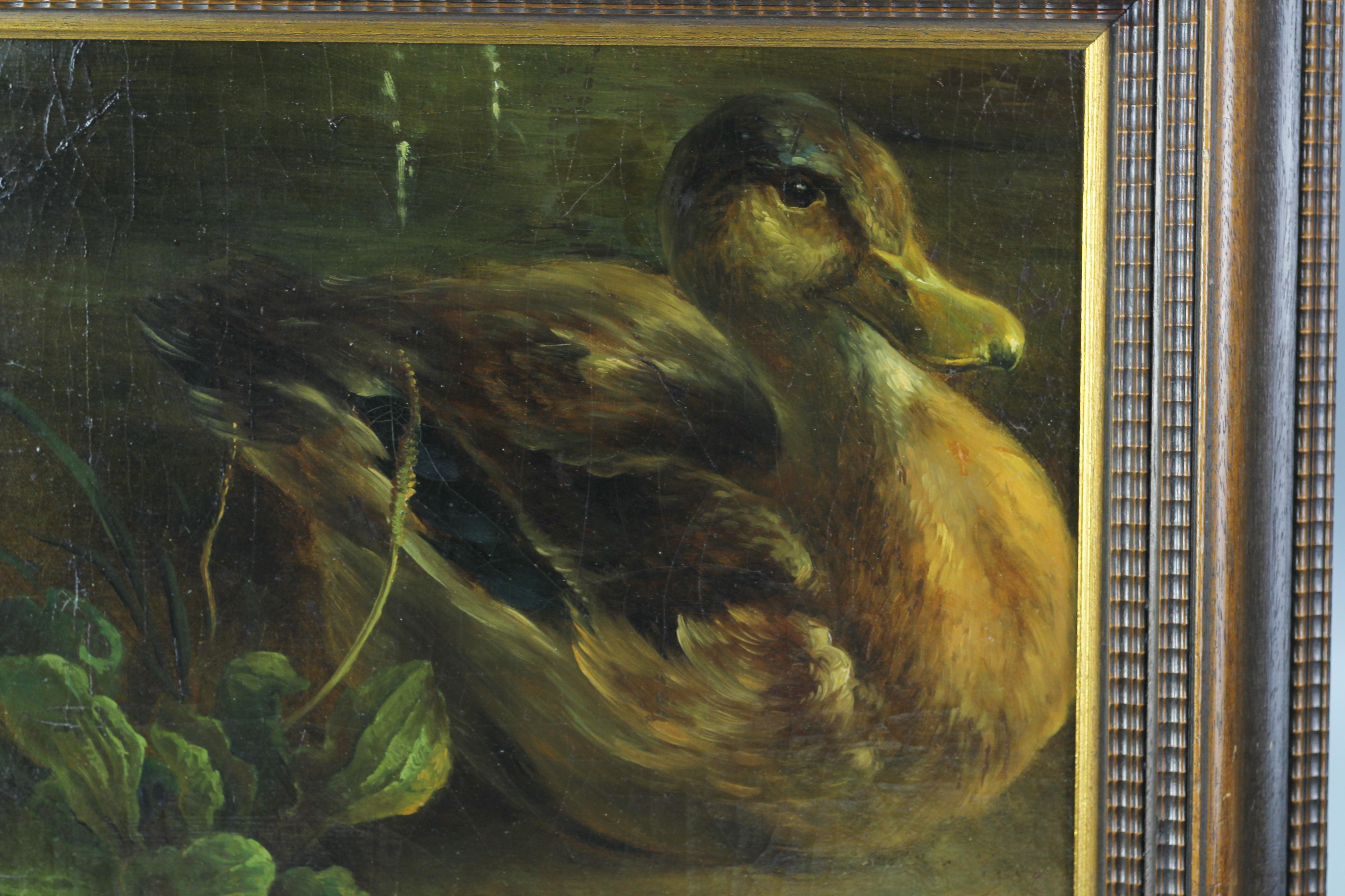 Wood Painting with Duck and Plants, Oil on Plywood For Sale