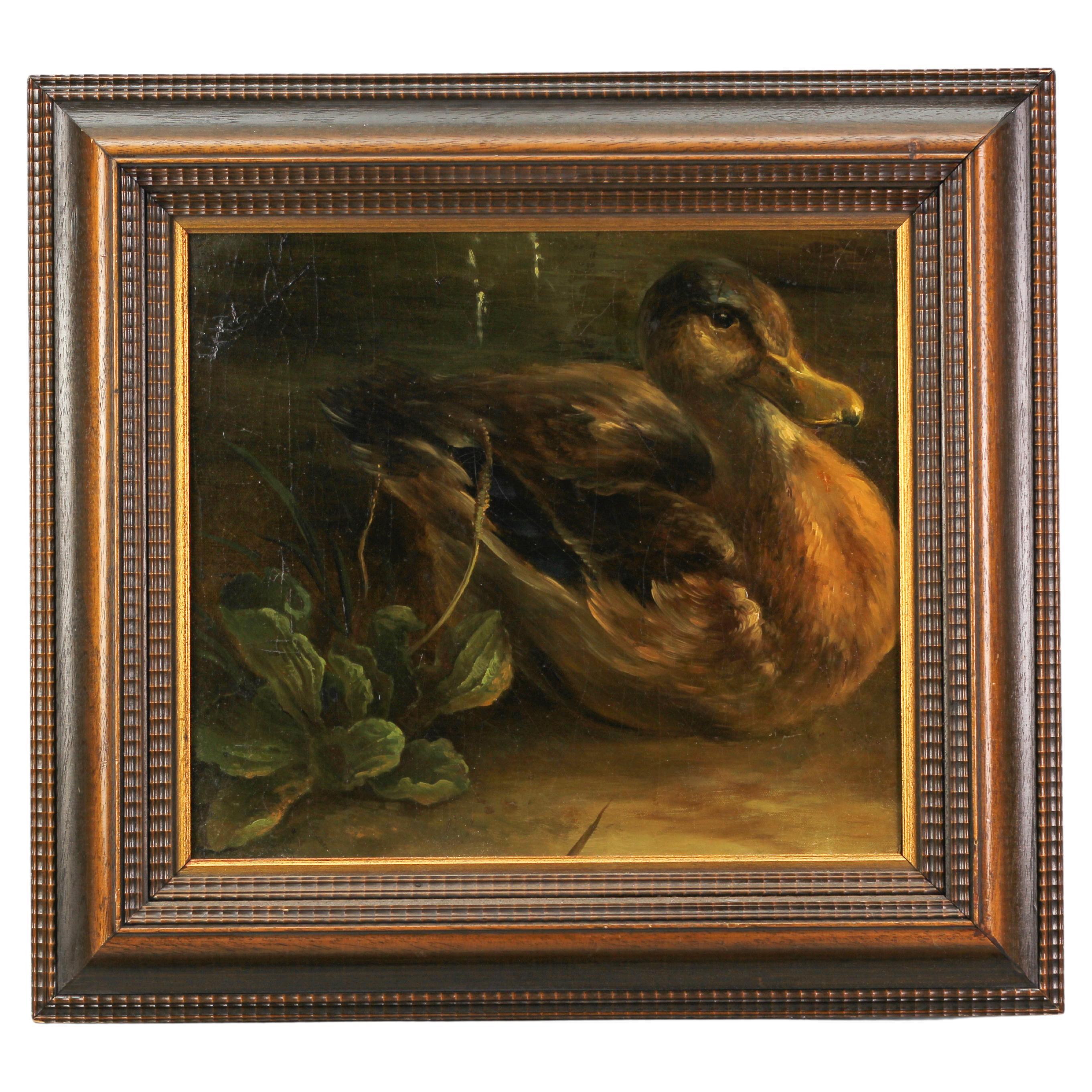 Peinture représentant un canard et des plantes, huile sur contreplaqué en vente