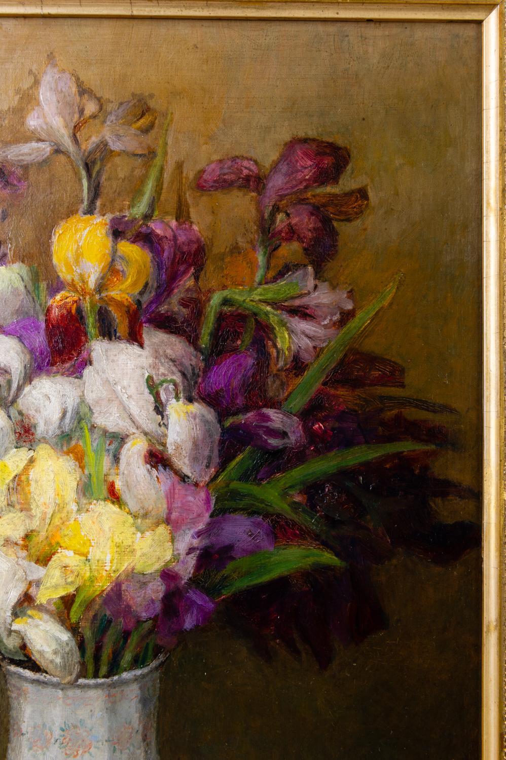 Huilé Peinture avec fleurs et iris dans un cadre ancien en vente