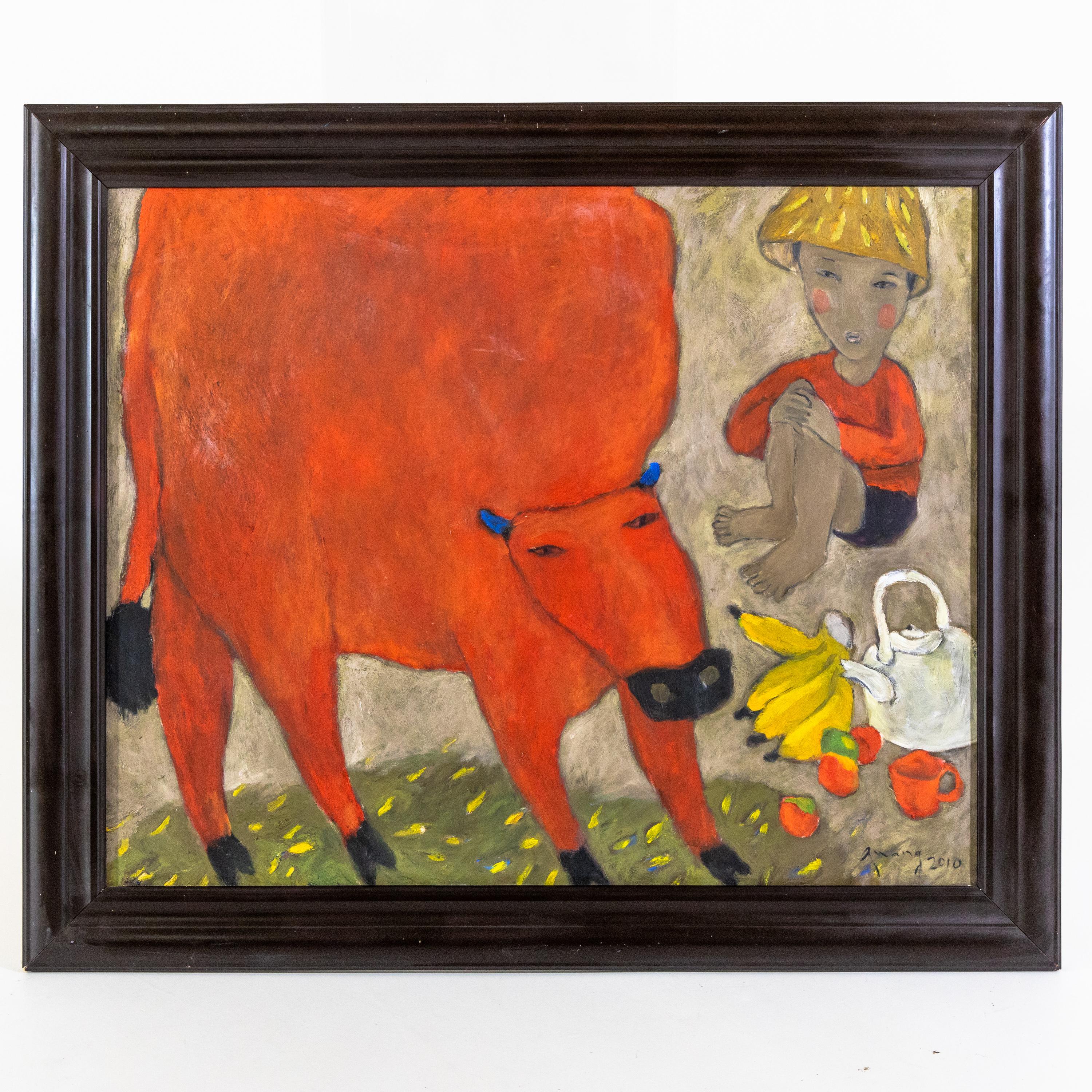Painting in oil on canvas with an abstract image of a red cow with blue horns and a child with a hat as well as a tea kettle and some fruit. Signed and dated Quang 2010 in the bottom right. In a black wooden frame.