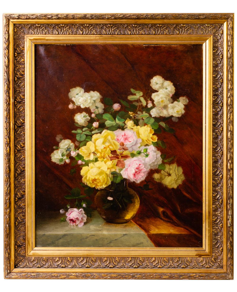 O/8157 - Old French painting with a beautiful bouquet of roses in a vase on a table. It almost seems to smell it...
If you want, You can use the elegant frame for a mirror, leaving the picture free.  I think it's a smart solution.