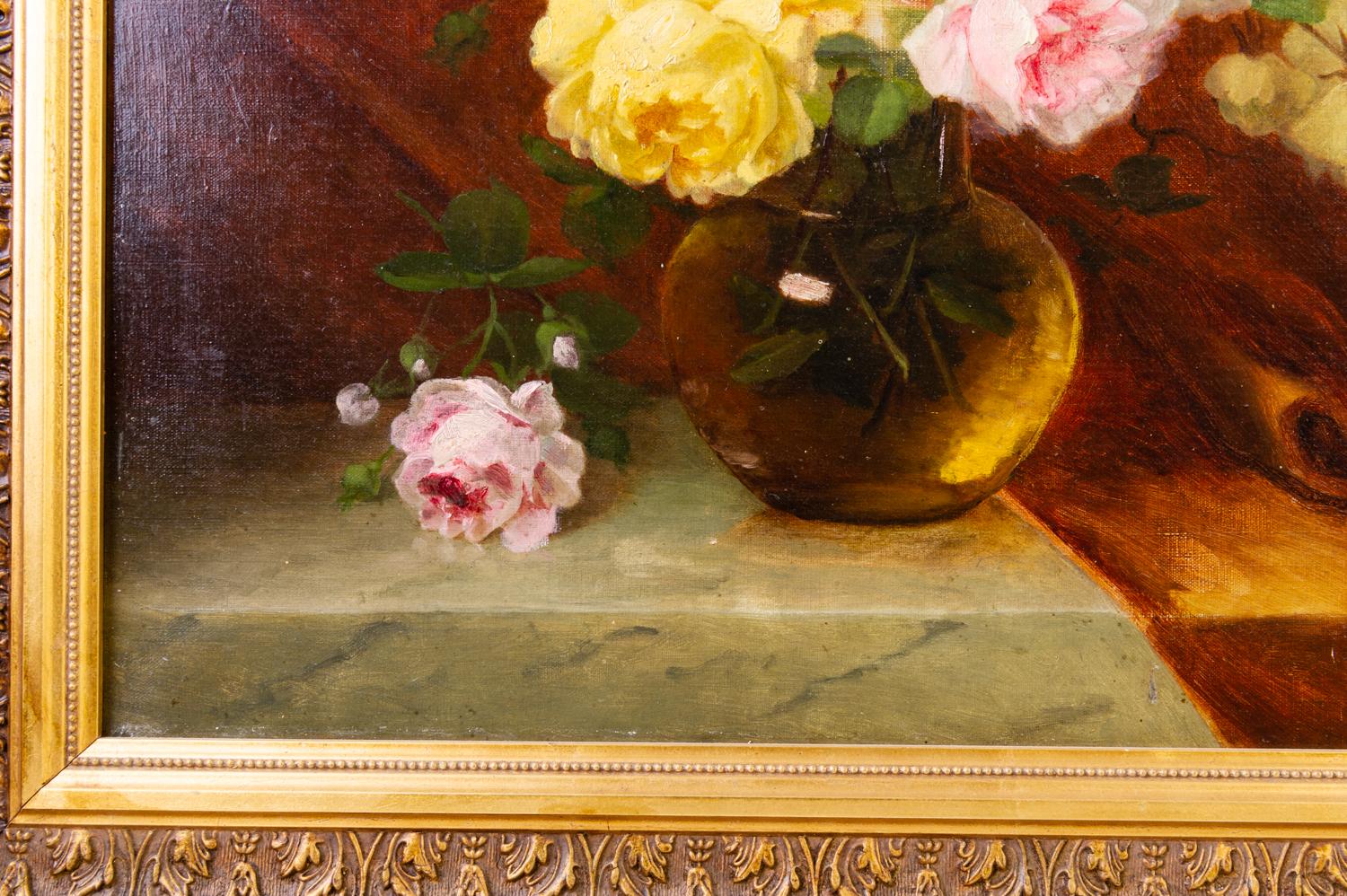 French Painting with Roses in the Vase For Sale