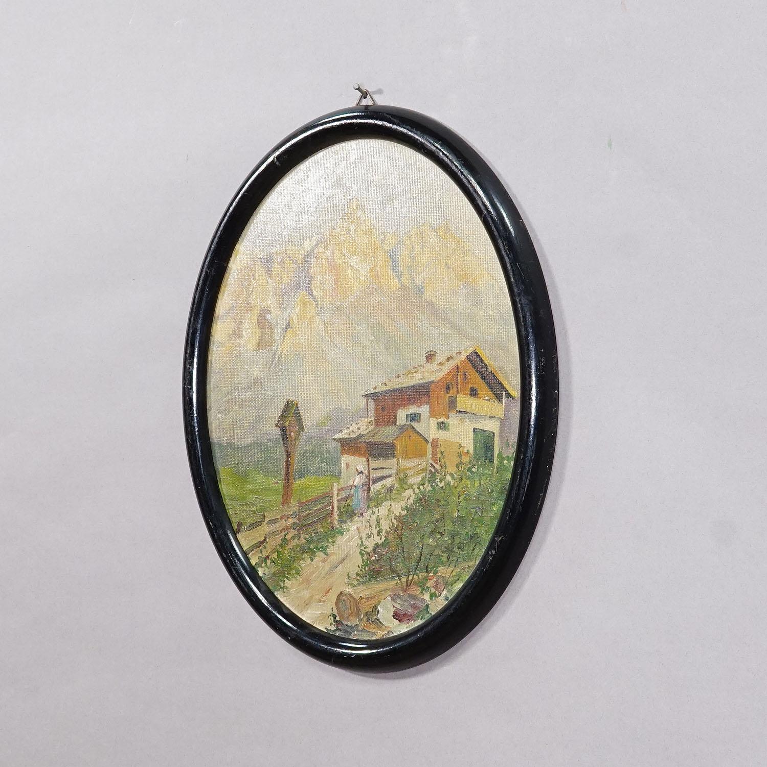 Gemälde mit sommerlicher Hochgebirgslandschaft ca. 1900s

Ein schönes impressionistisches Ölgemälde, das eine sommerliche Hochgebirgslandschaft mit einer Berghütte und einer Bäuerin vor den Bergen darstellt. Gemalt in Öl auf Karton mit