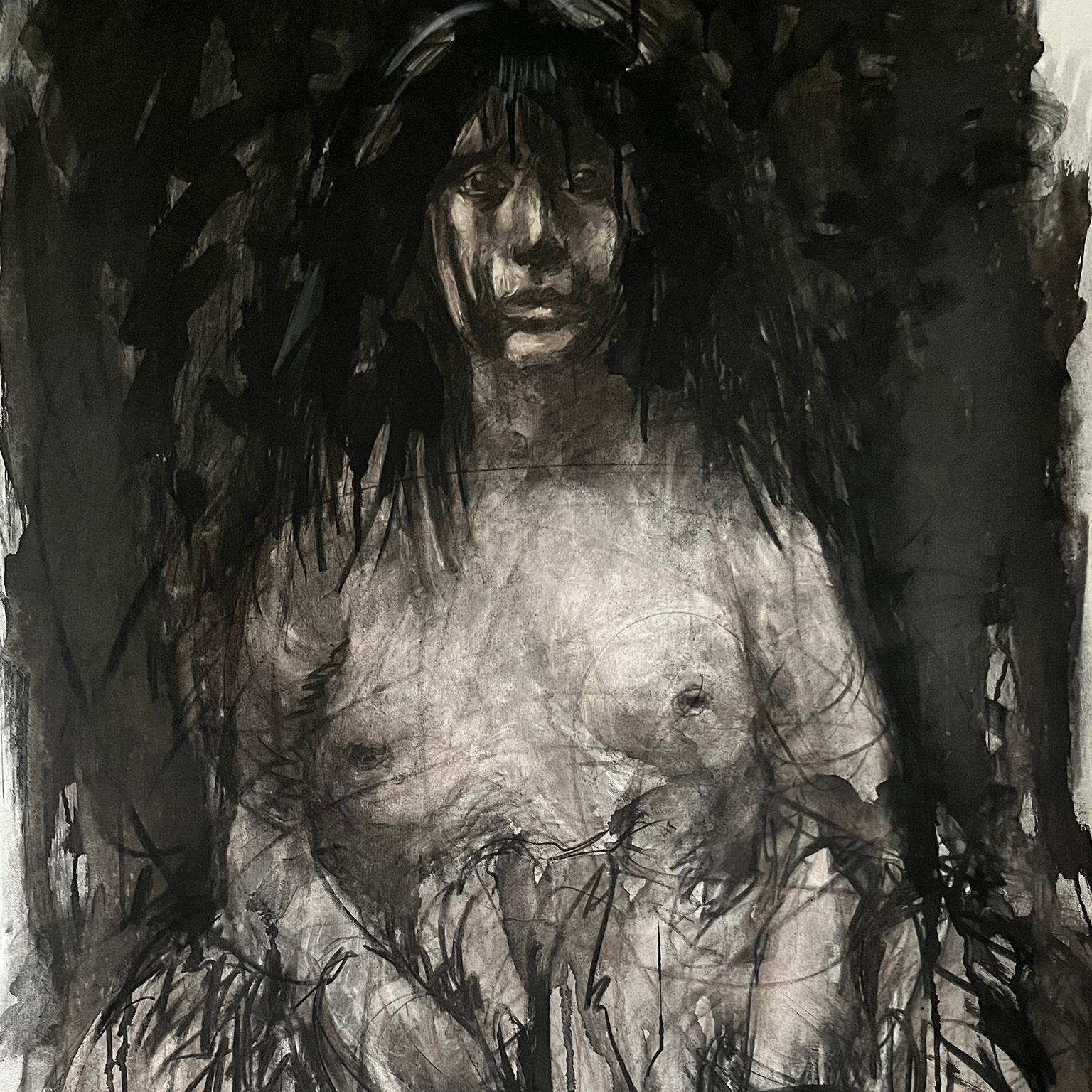 Schöne Malerei einer Frau in schwarzer Kohle und Tinte auf Leinwand von niederländischen Künstlers. Die Abmessungen betragen 215 cm Länge x 97 cm Breite, befestigt an einem 110 cm langen Holz.

Für den Transport auf einer Rolle mit einem Durchmesser