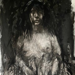 Painting Woman in Charcoal and Ink on Canvas