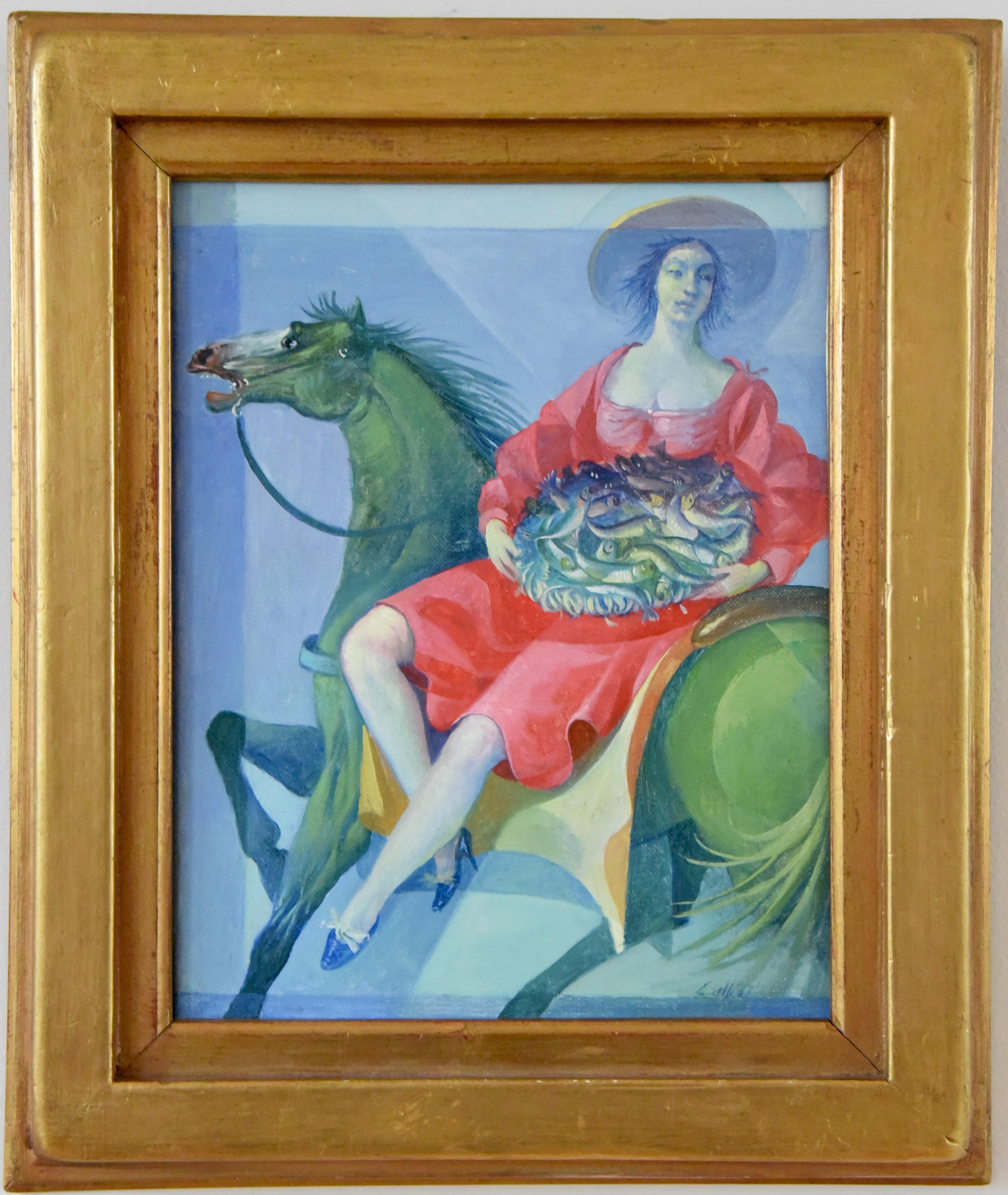 Colorful painting of a woman on a horseback holding a basket full of fish signed by the italian artist Vincenzo Calli, dated 1987, original frame. 
 
Vincenzo Calli is a painter who lives and works in Anghiari. In 1984 he was invited to the