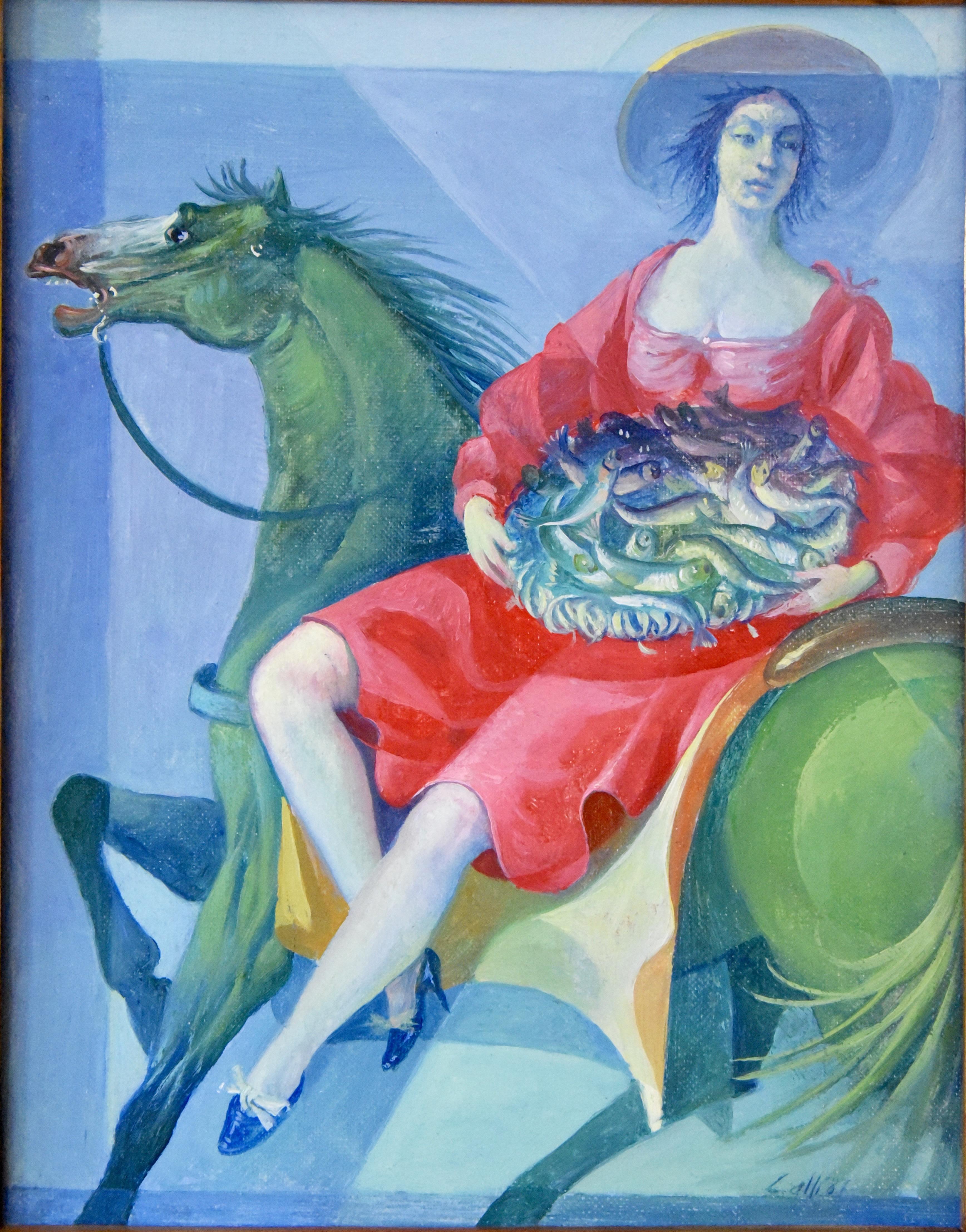 Mid-Century Modern Painting Woman on Horseback with Basket of Fish Vincenzo Calli  1987